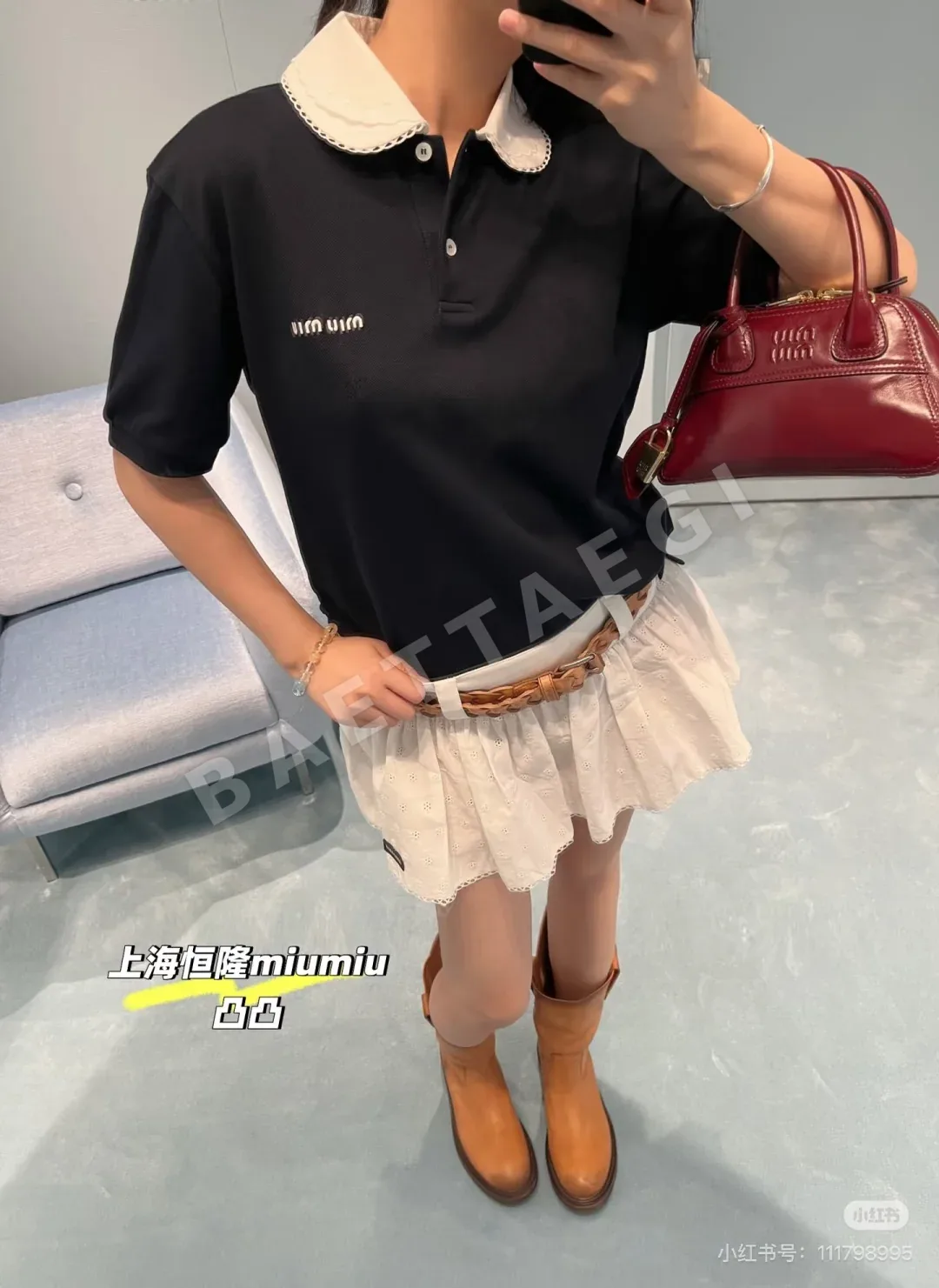 미우미우 화이트 레이스 포인트 린넨 카라 반팔 티셔츠 상세 이미지 8