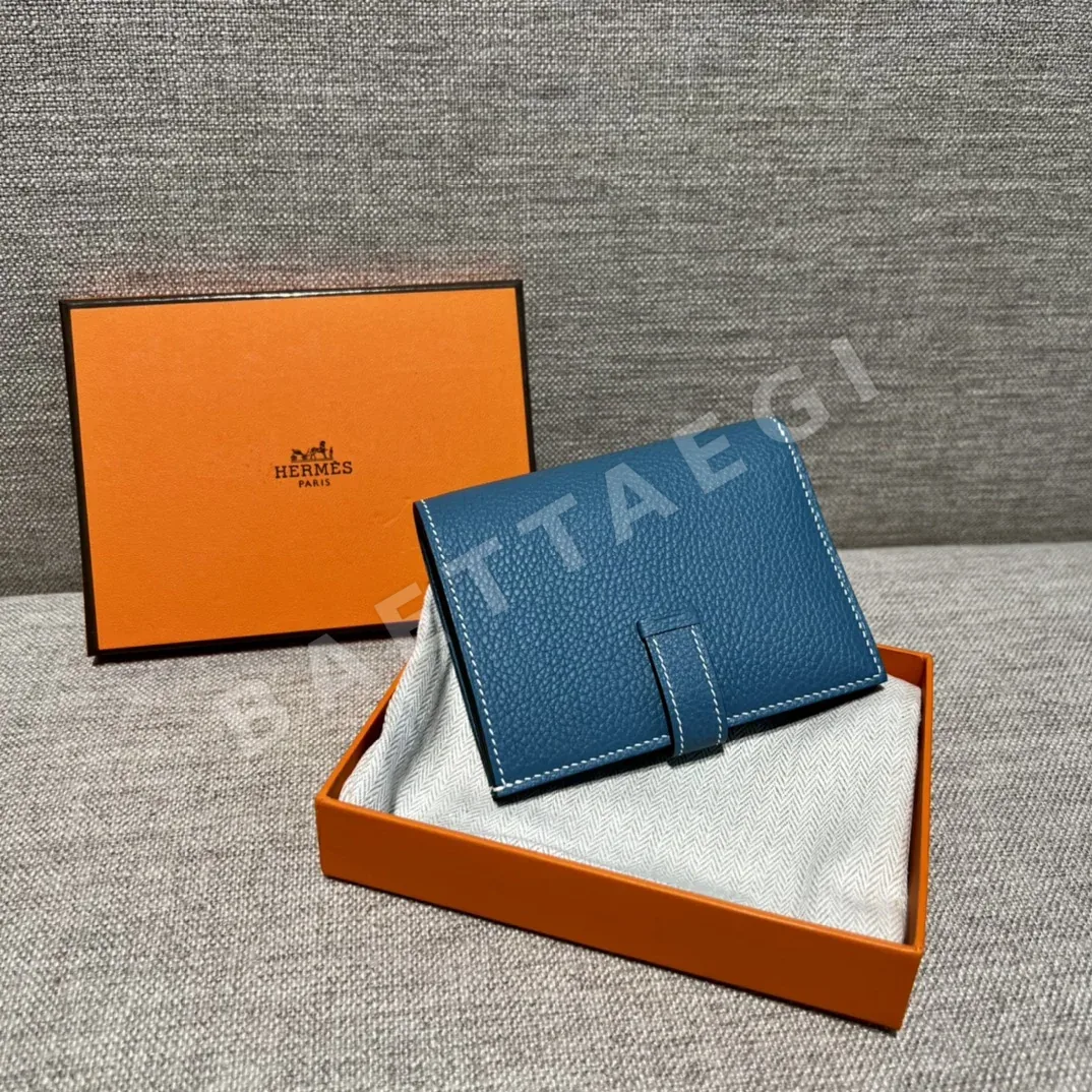 에르메스 데님 블루 은장 토고 가죽 짧은 지갑 23381