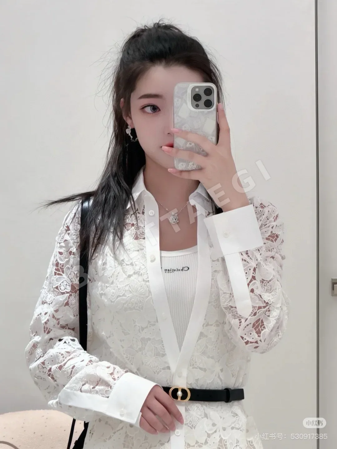 디올 수용성 레이스 시스루 여성 셔츠 상세 이미지 6