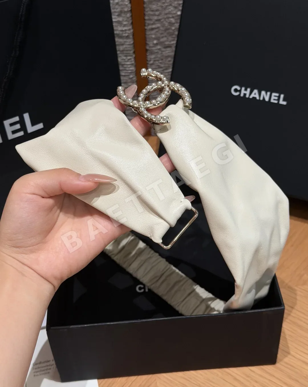 샤넬 진주 더블 C 램스킨 주름 허리 벨트 상세 이미지 3