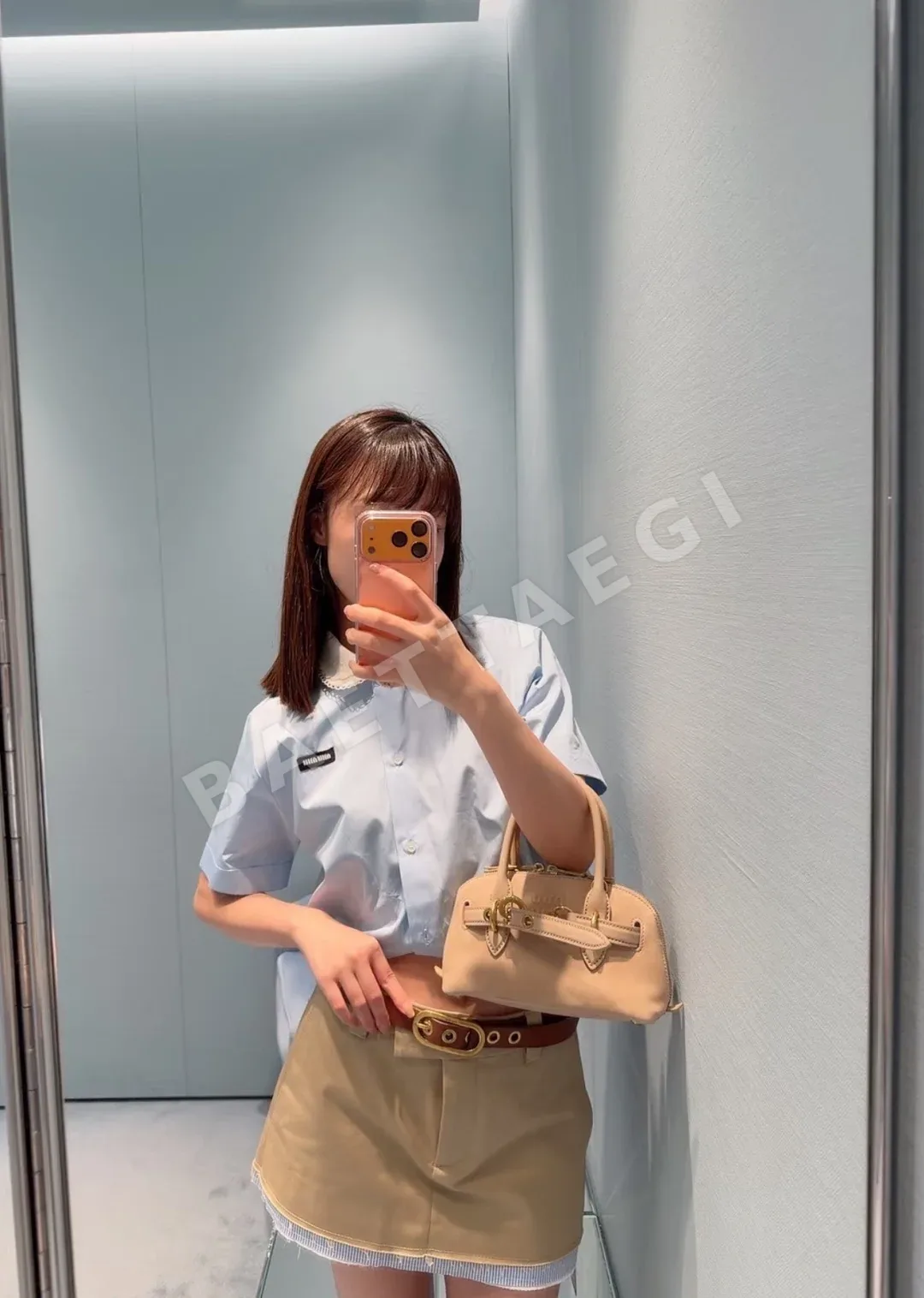 미우미우 자수 레이스 코튼 블루 셔츠 2632 상세 이미지 8