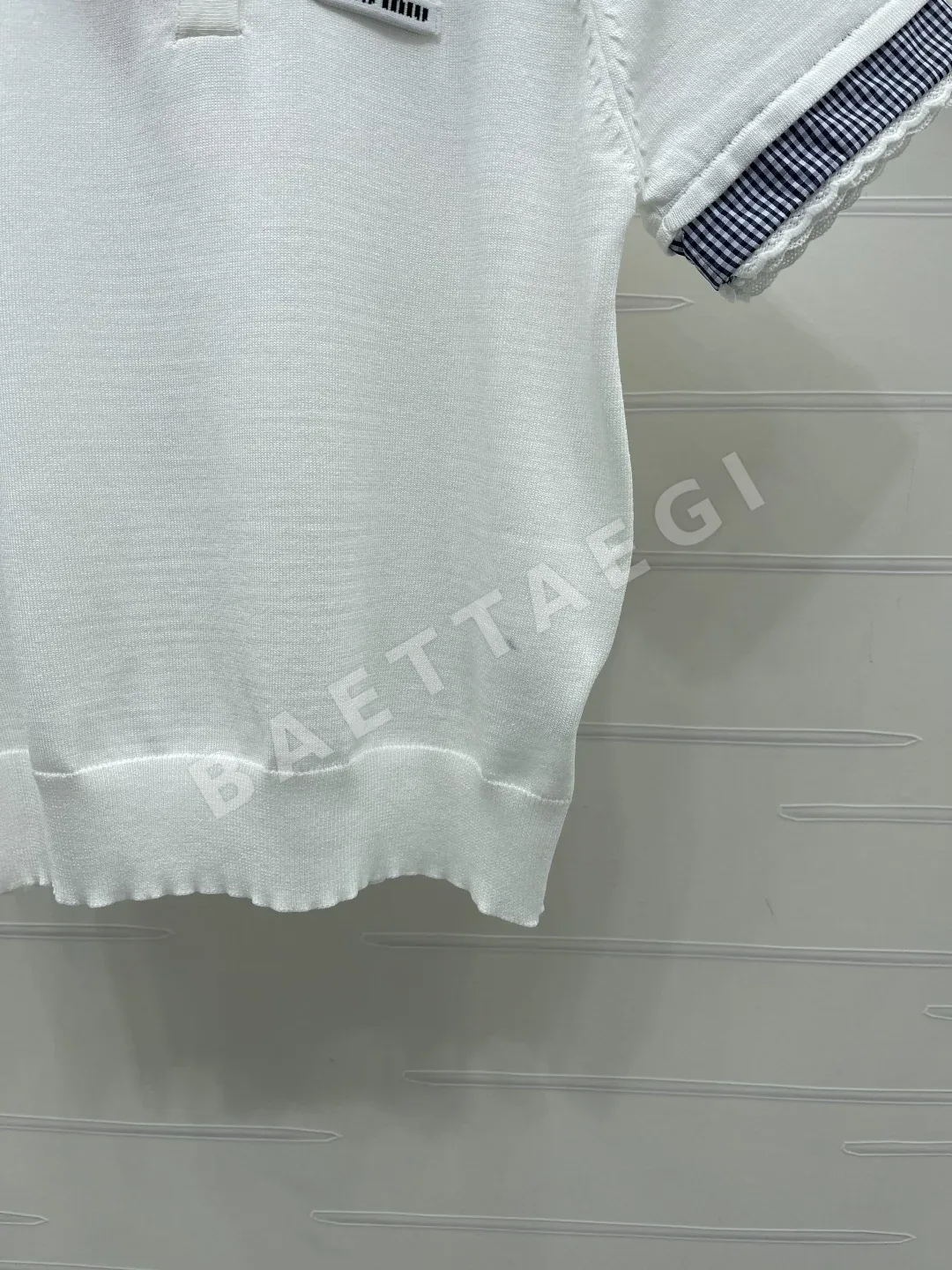 미우미우 피터팬카라 패치워크 니트 반팔 탑 상세 이미지 6