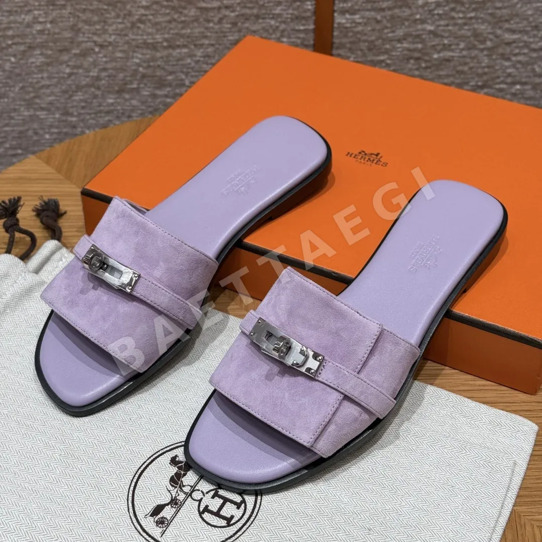 에르메스 줄리아 샌들 보라색 샤모아 실버 금속 장식 165619
