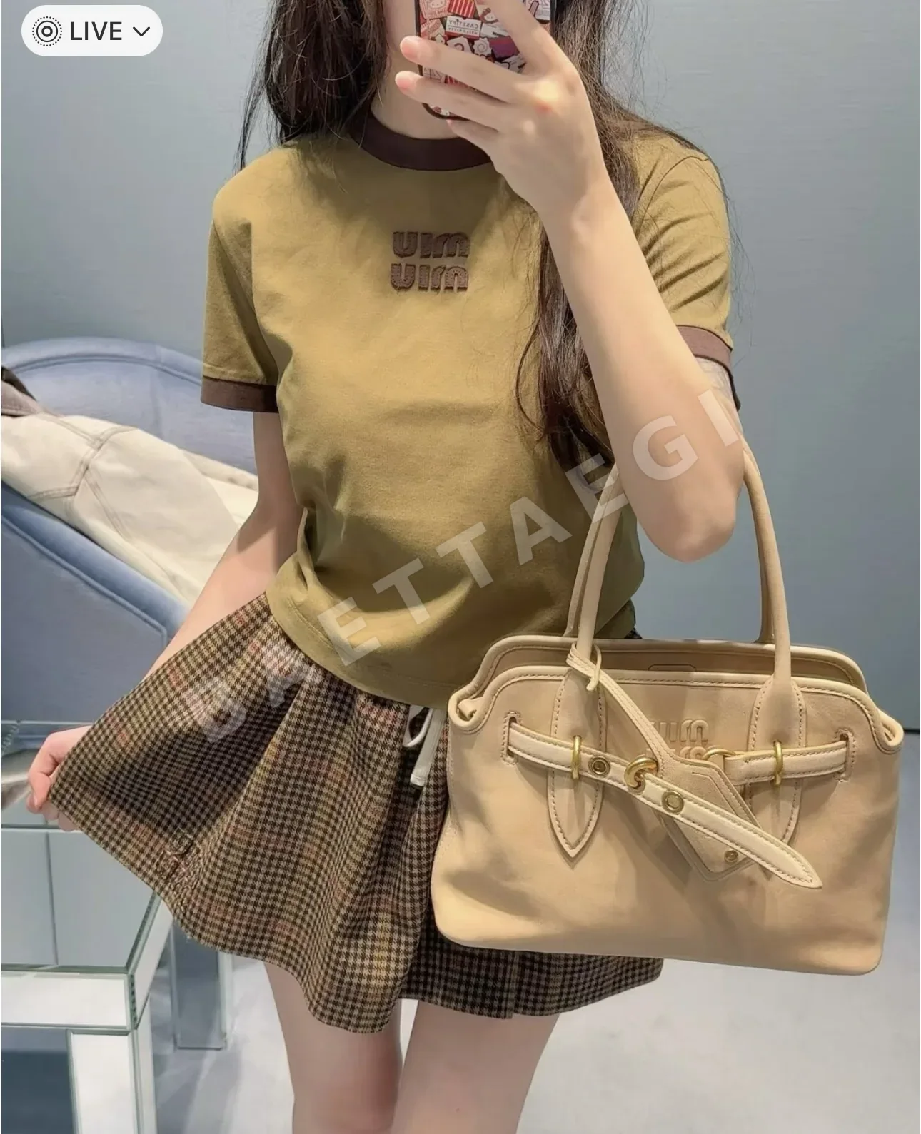 미우미우 카라 블록 크루넥 반팔 티셔츠 상세 이미지 4