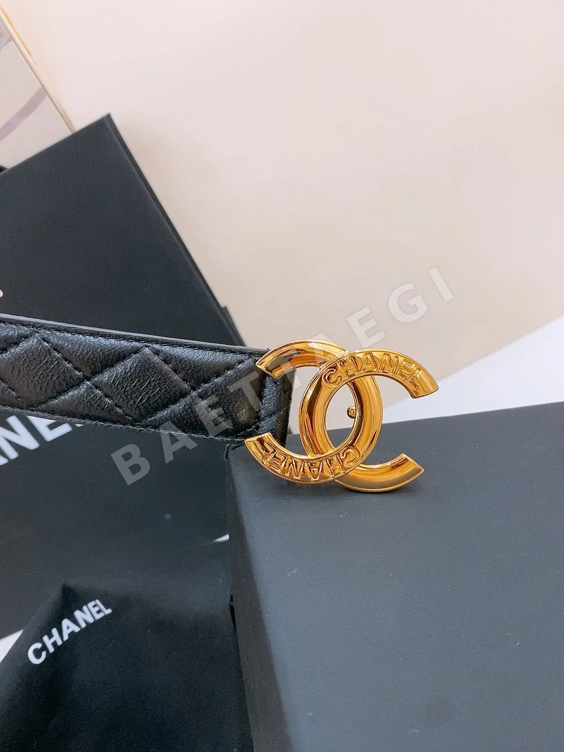 샤넬 더블 C 금장 램스킨 다이아몬드 패턴 가죽 벨트 상세 이미지 3