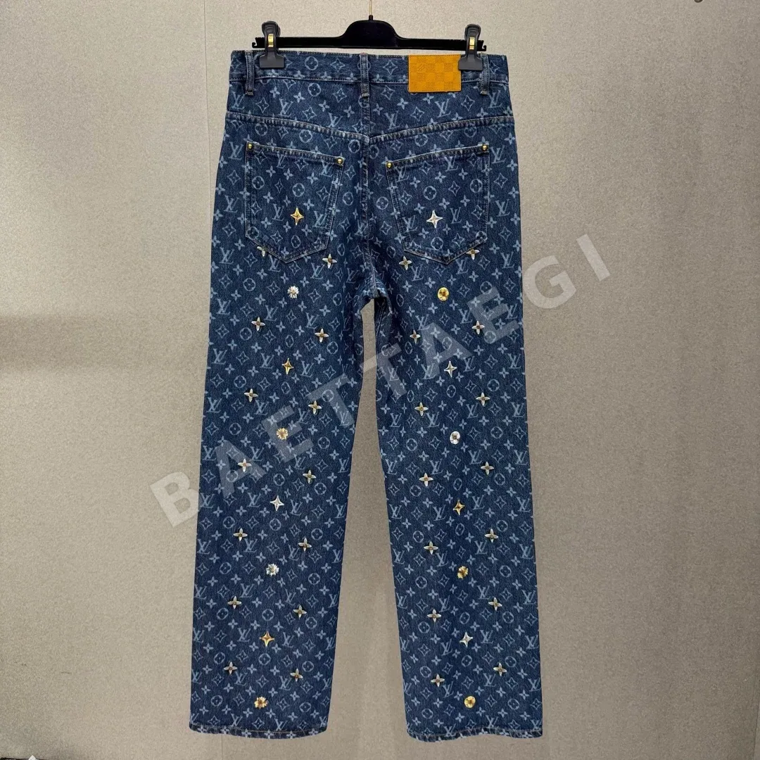 루이비통 모노그램 자수 와이드 데님 바지 상세 이미지 2