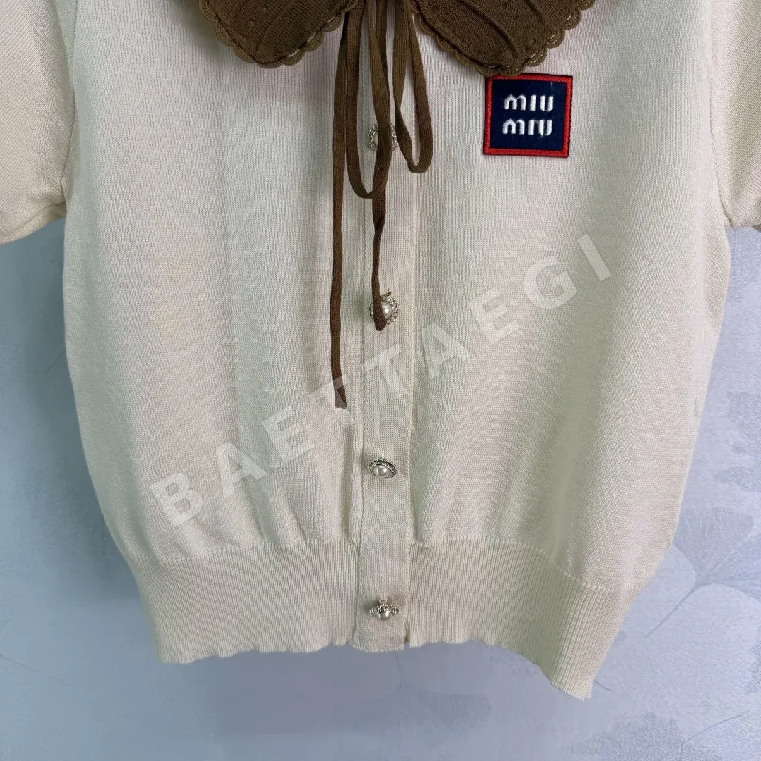 미우미우 피터팬 카라 리본 타이 반팔 가디건 상세 이미지 6