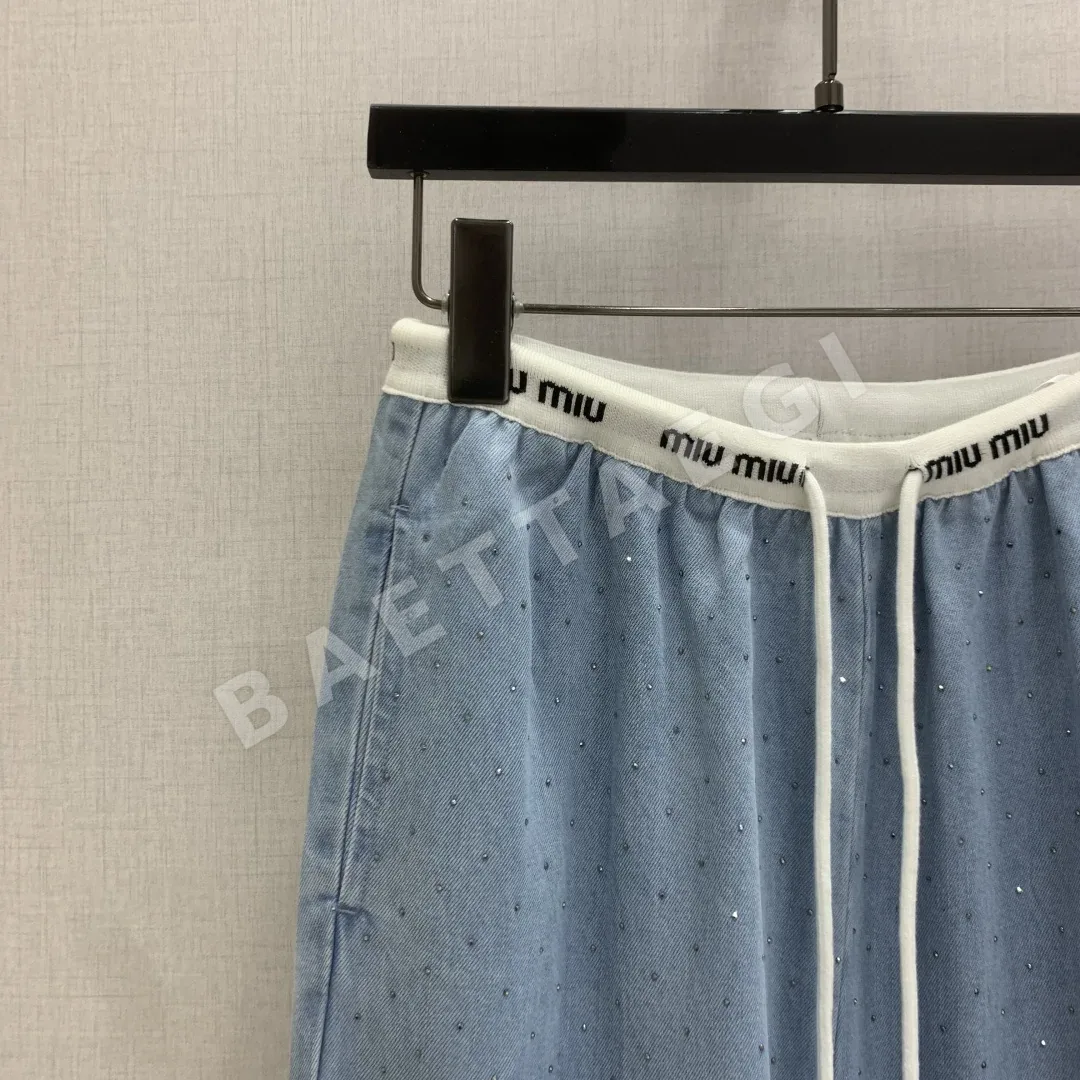 미우미우 라이트스톤 장식 텐셀 여성 바지 상세 이미지 2