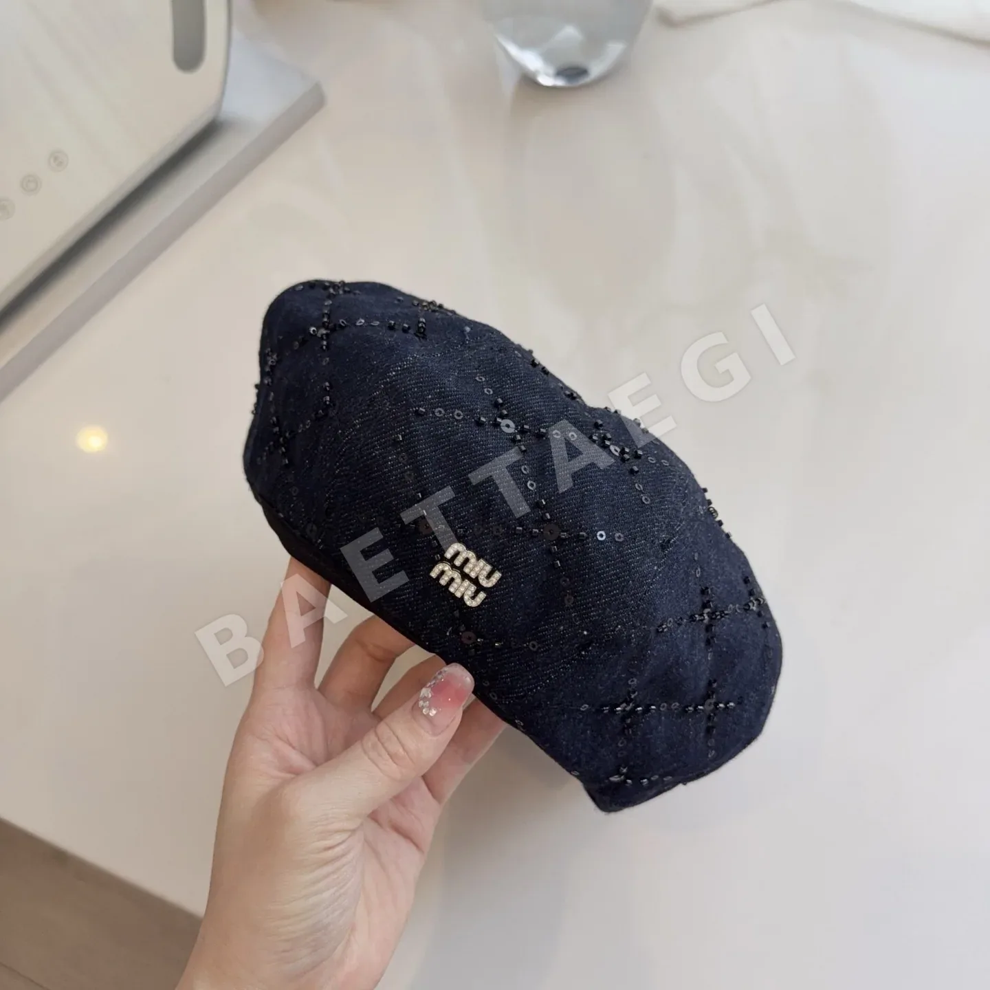 미우미우 헤비 비즈 체크 무늬 데님 야구모자 상세 이미지 2