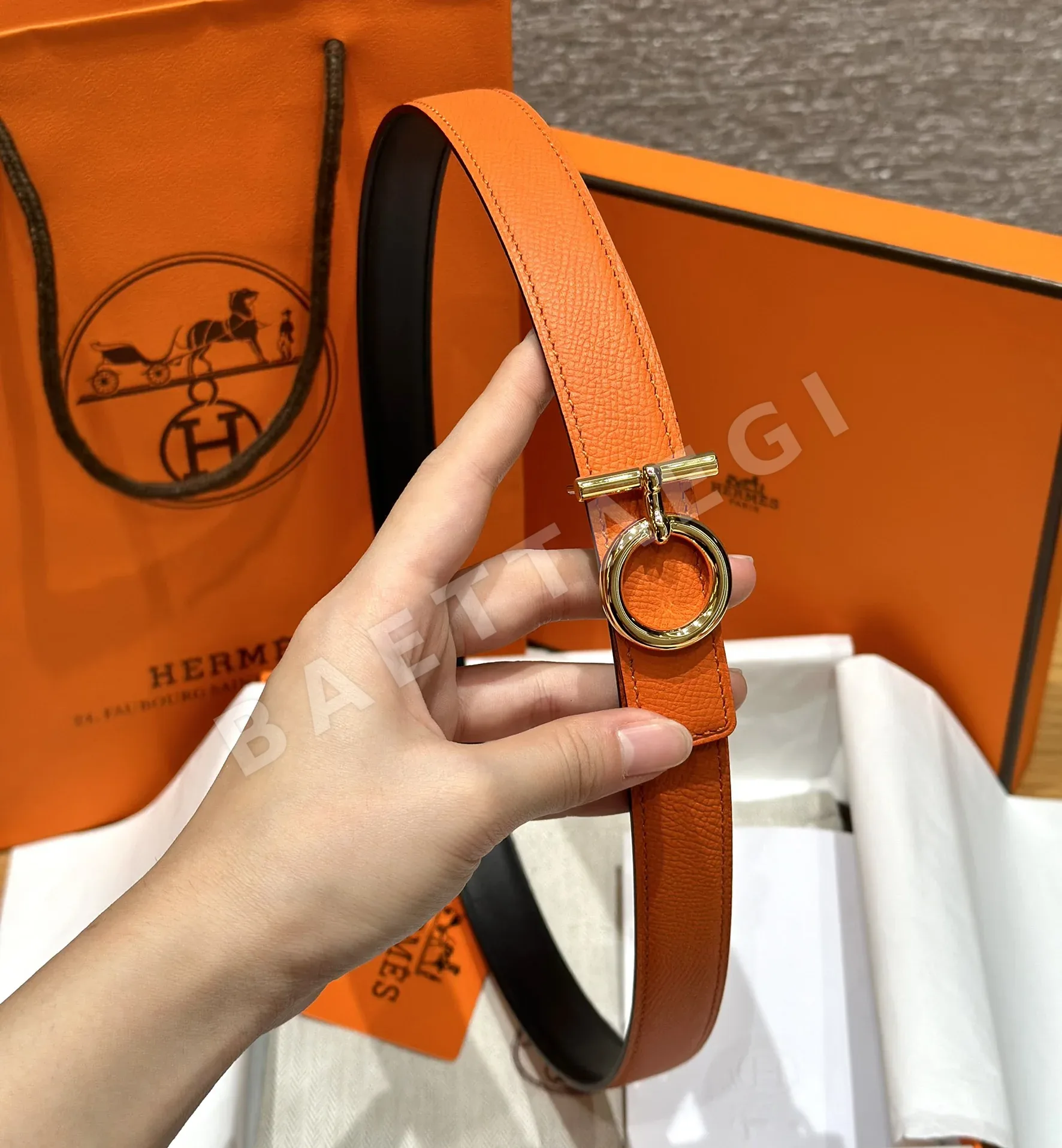 에르메스 셰뉴 당크르 버클 양면 가죽 벨트 175319