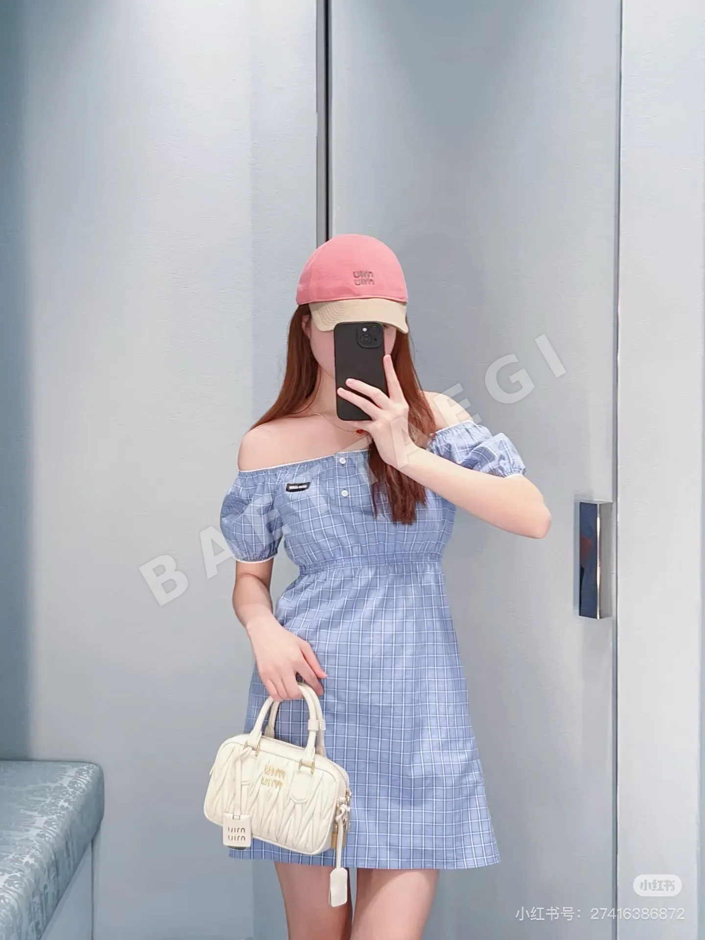 미우미우 여성 화이트 블루 체크 원피스 레플리카 상세 이미지 8