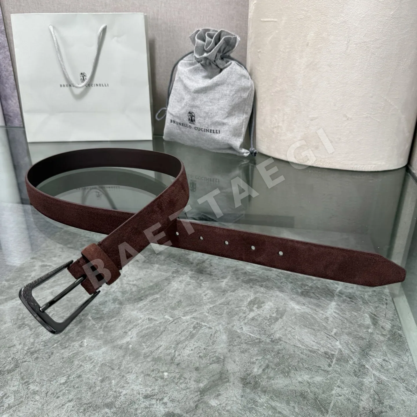 브루넬로쿠치넬리 와이드 소가죽 스웨이드 남성용 벨트 상세 이미지 4