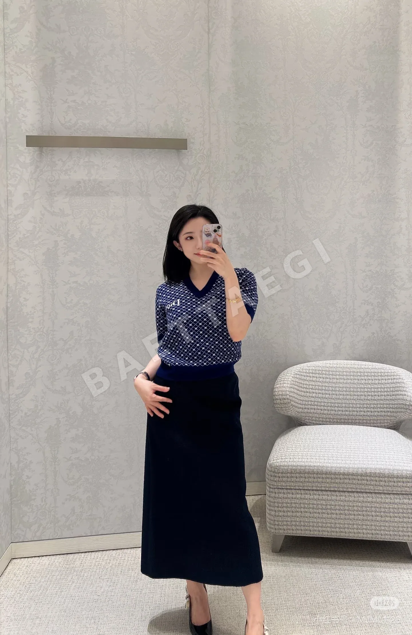 디올 CD로고 다이아몬드 패턴 니트 반팔 티셔츠 상세 이미지 2