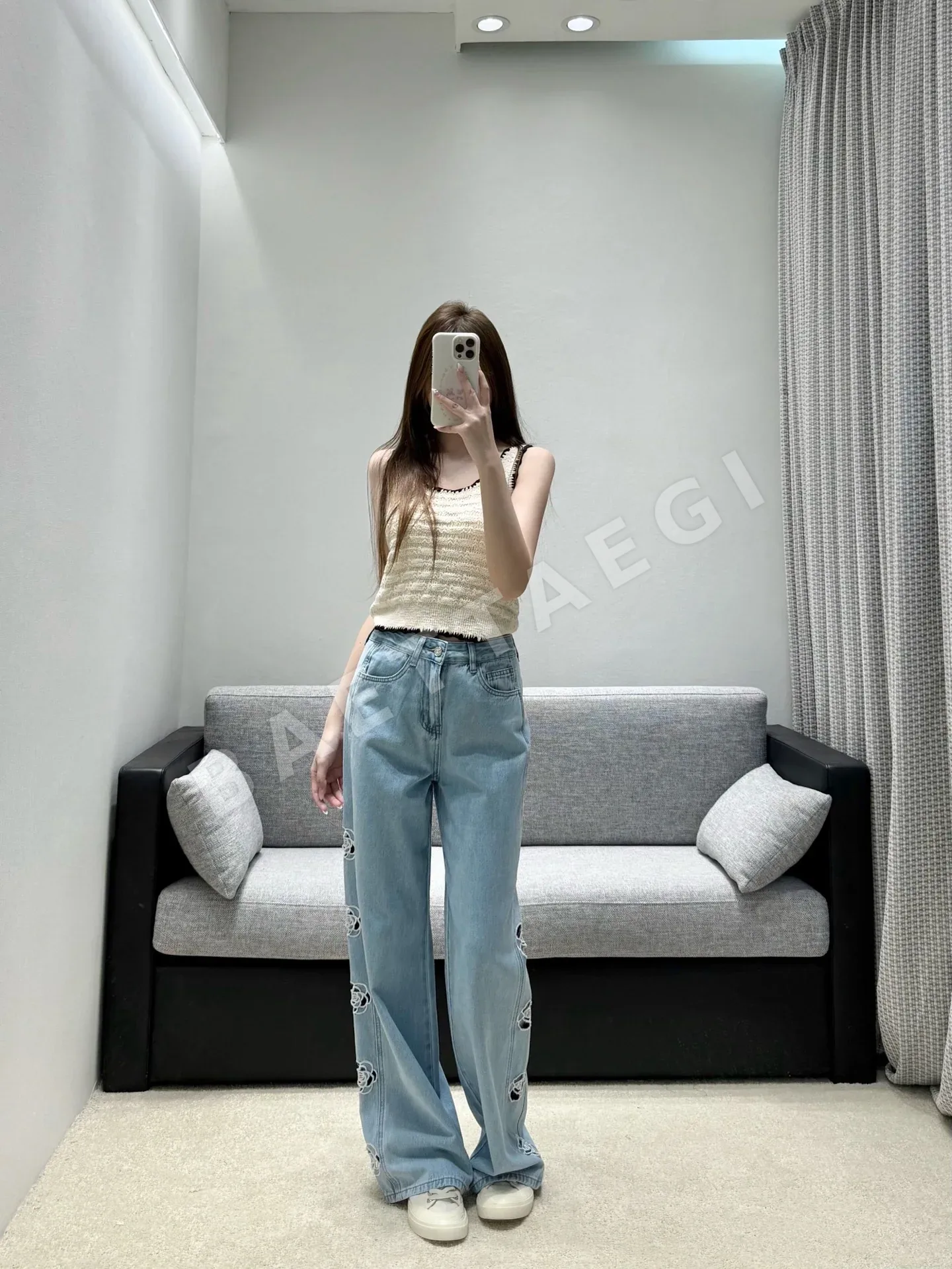 샤넬 장미 장식 와이드 데님 여성 바지 상세 이미지 2