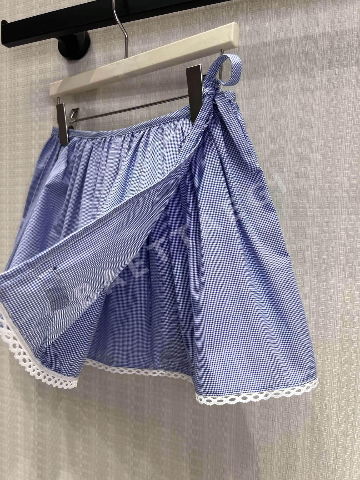 미우미우 블루 체크 피터팬 카라 반팔 셔츠 스커트 세트 상세 이미지 5