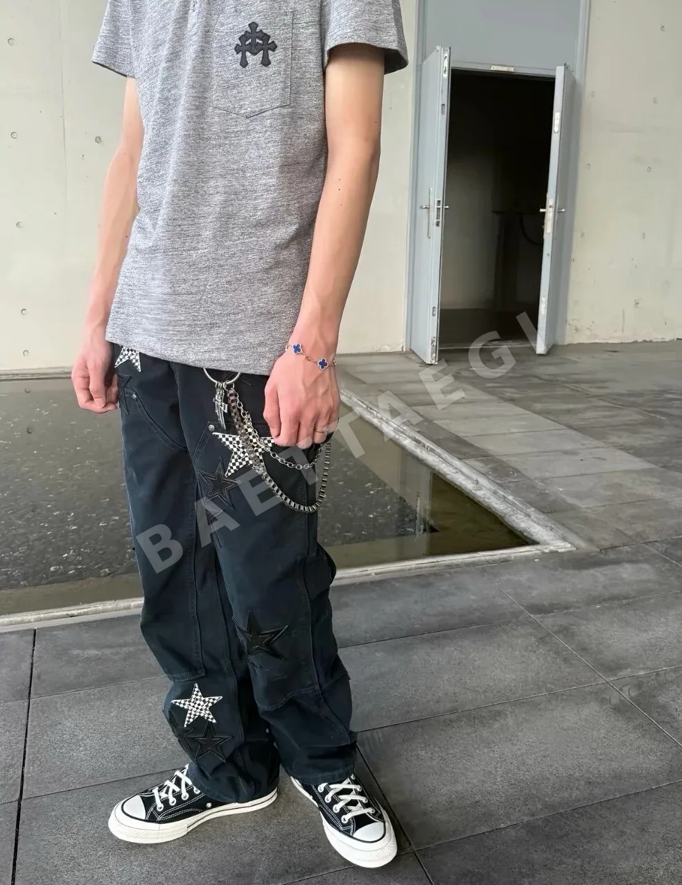 크롬하츠 린넨 코튼 패치워크 가죽 십자가 반팔티셔츠 상세 이미지 2