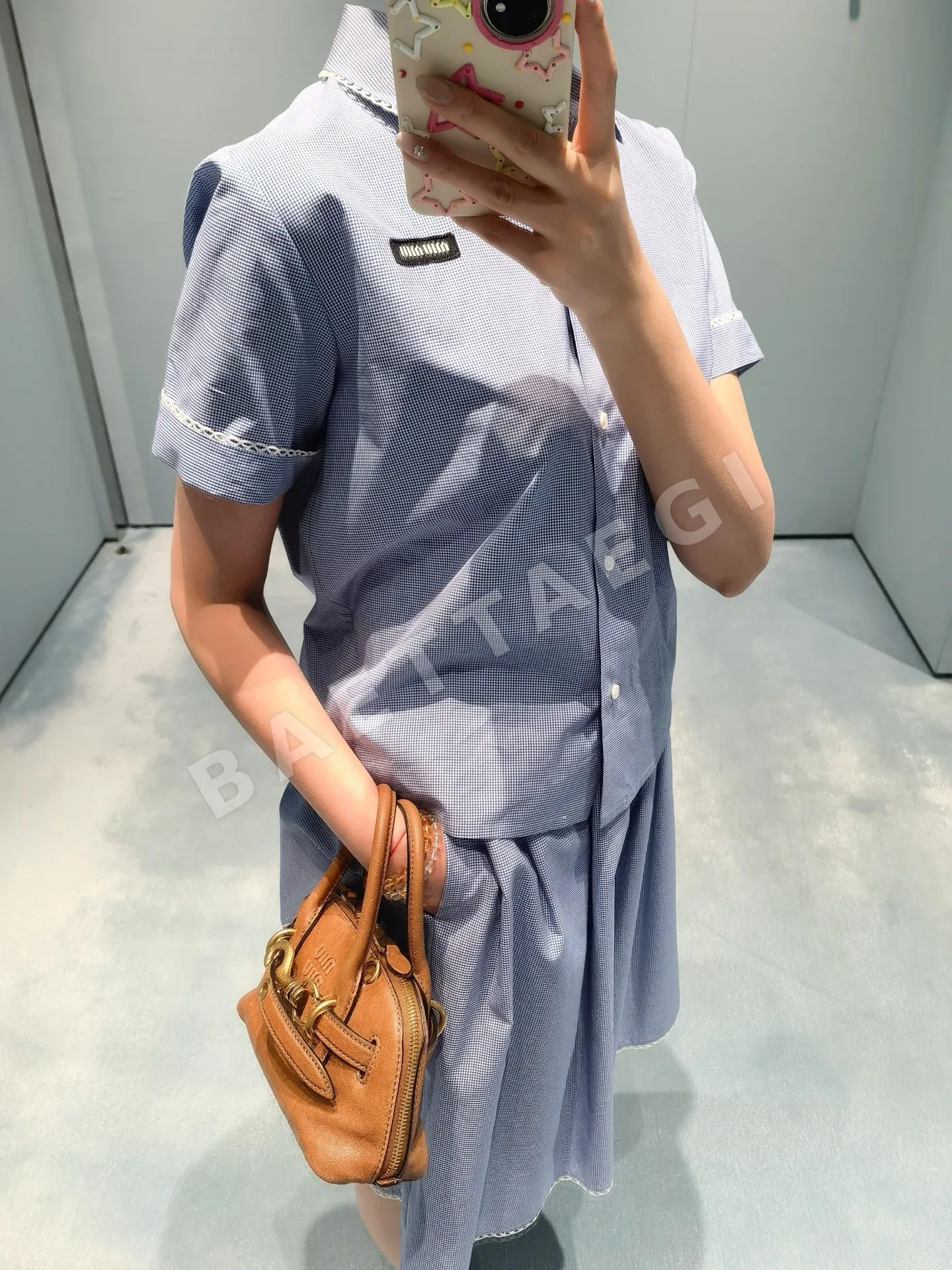 미우미우 블루 체크 피터팬 카라 반팔 셔츠 스커트 세트 상세 이미지 8