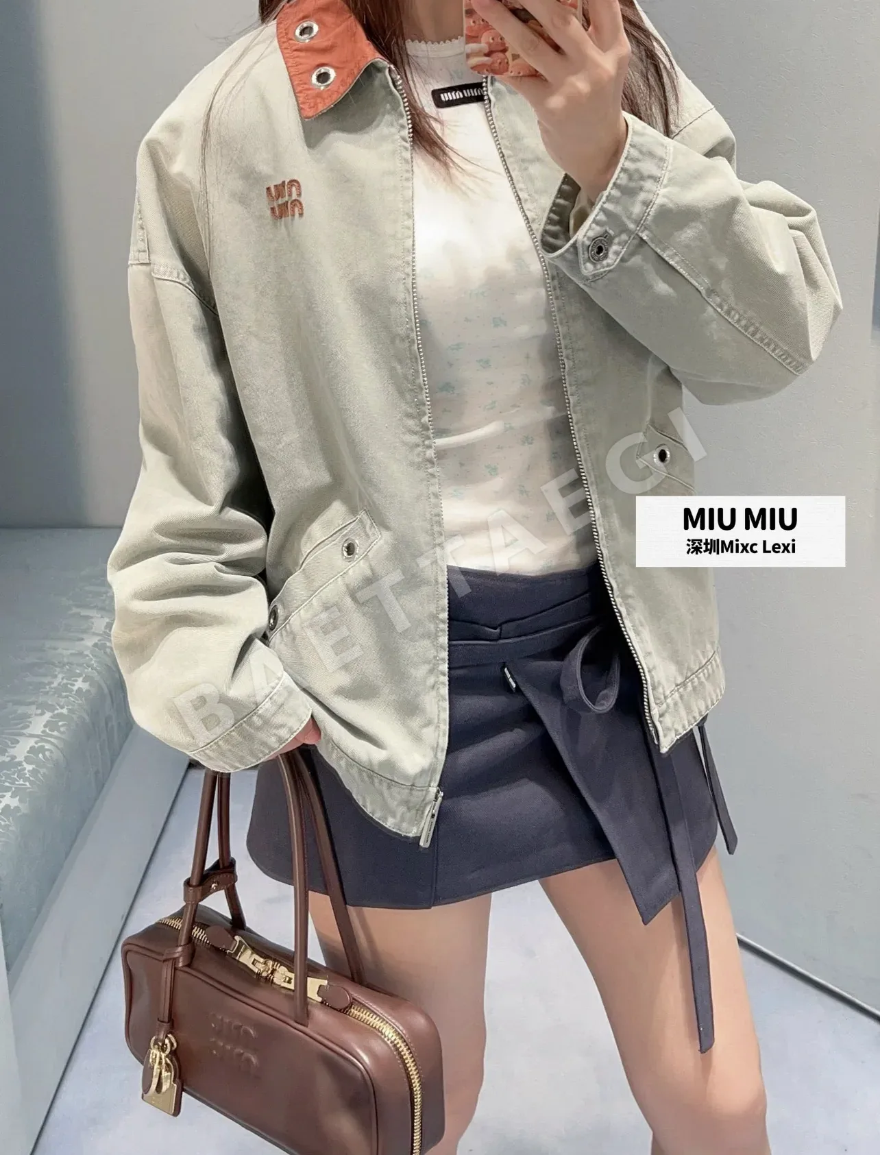 미우미우 회녹색 코튼 데님 크롭 자켓 상세 이미지 10