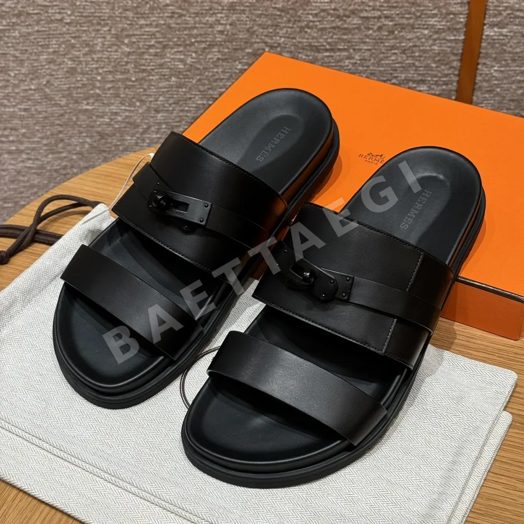 에르메스 잭슨 샌들 블랙 가죽 검정 버튼 164342