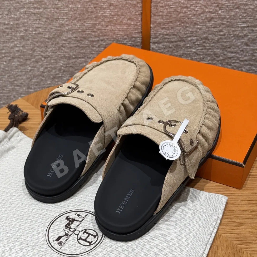 에르메스 키 뮬 샌들 베이지 샤모아 실버 하드웨어 상세 이미지 6