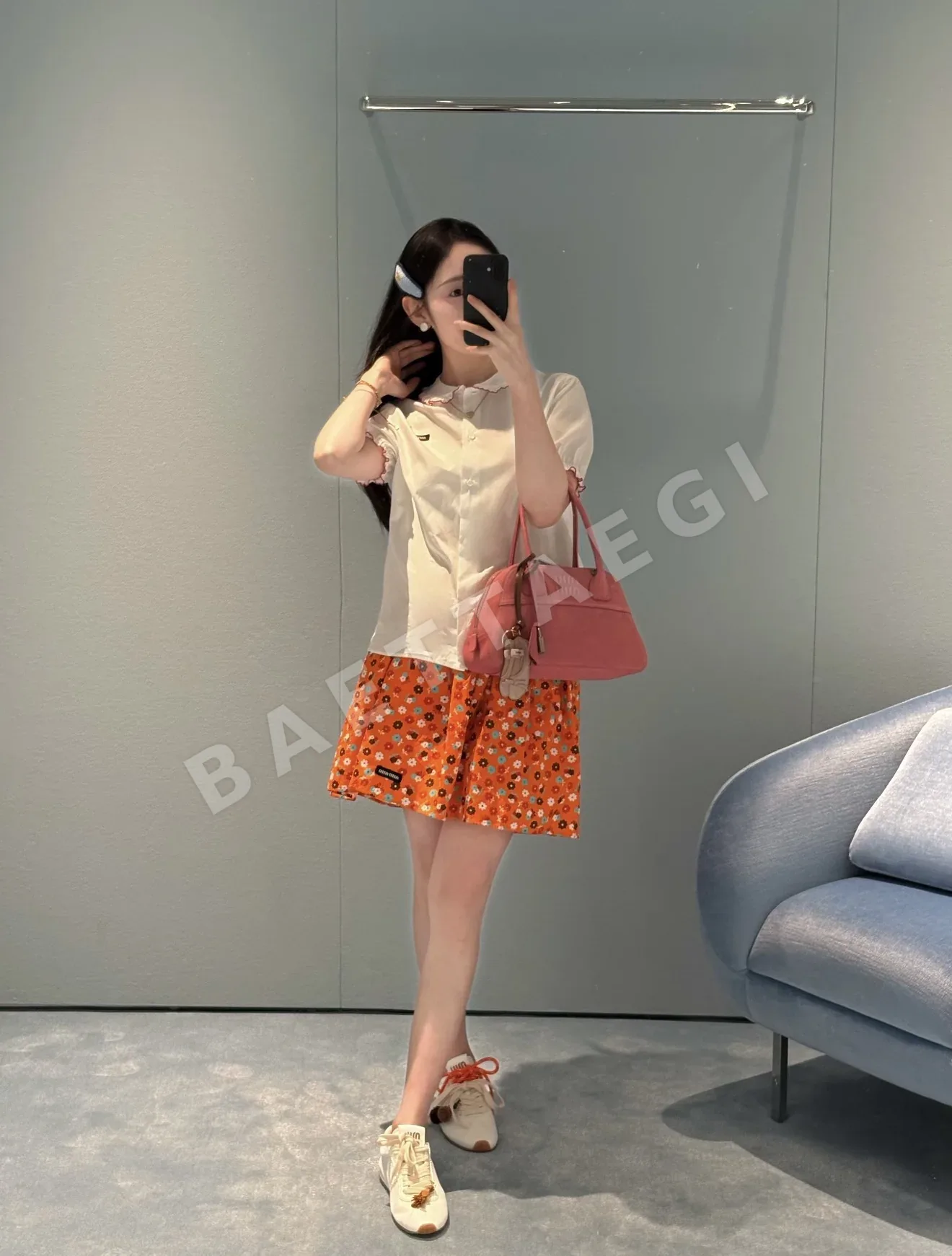 미우미우 레이스 피터팬 카라 코튼 반소매 셔츠 상세 이미지 4