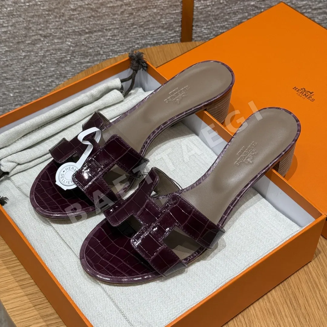 에르메스 오아시스 샌들 가롱 퍼플 악어가죽 하이힐 164750