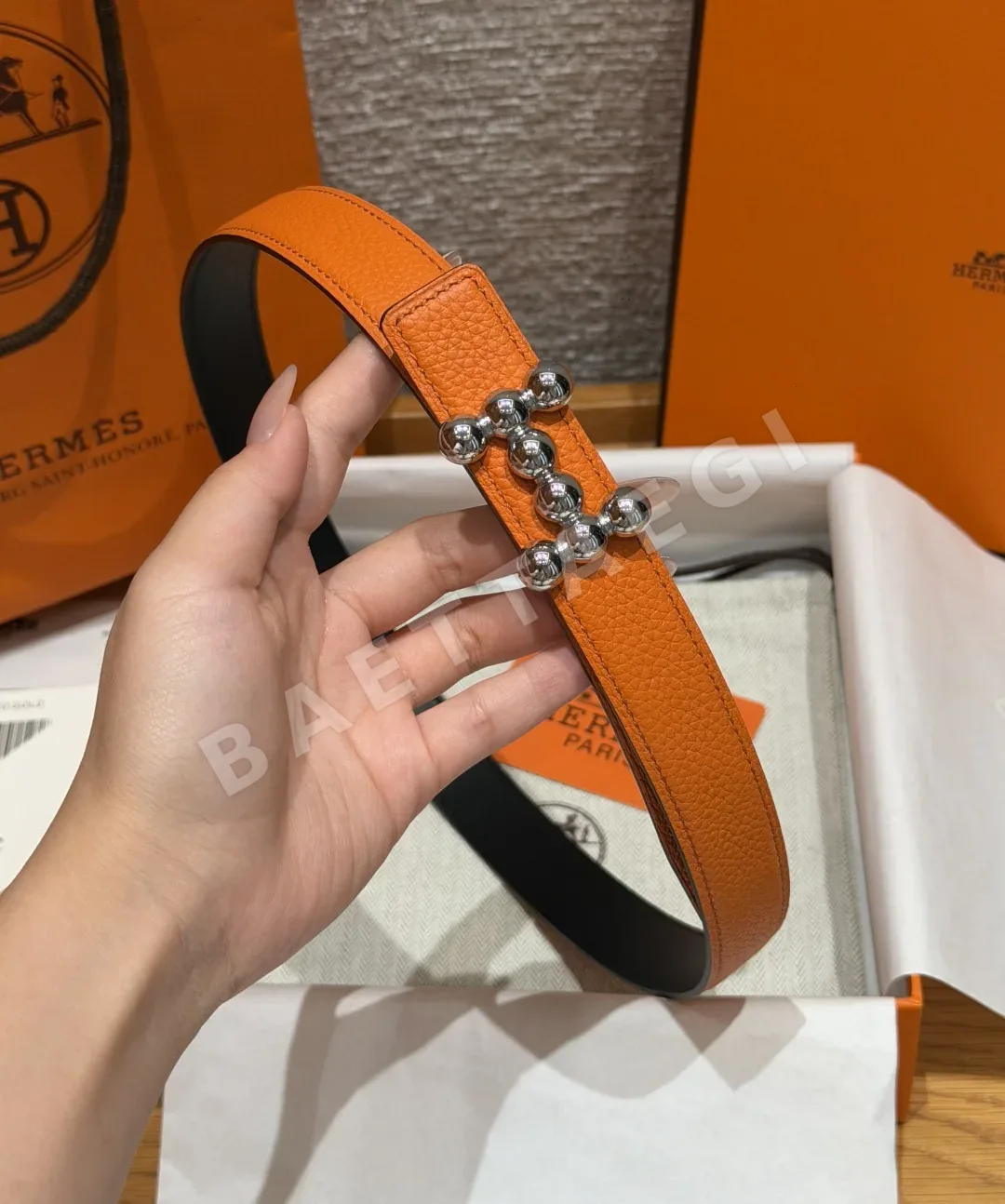 에르메스 H 버클 진주 장식 양면 가죽 벨트 24mm 상세 이미지 3