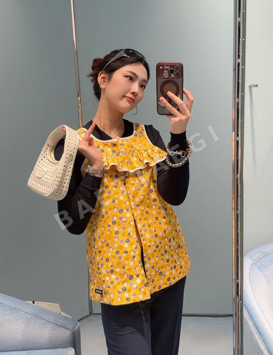 미우미우 옐로우 플라워 프릴 페이크 투피스 원피스 상세 이미지 8
