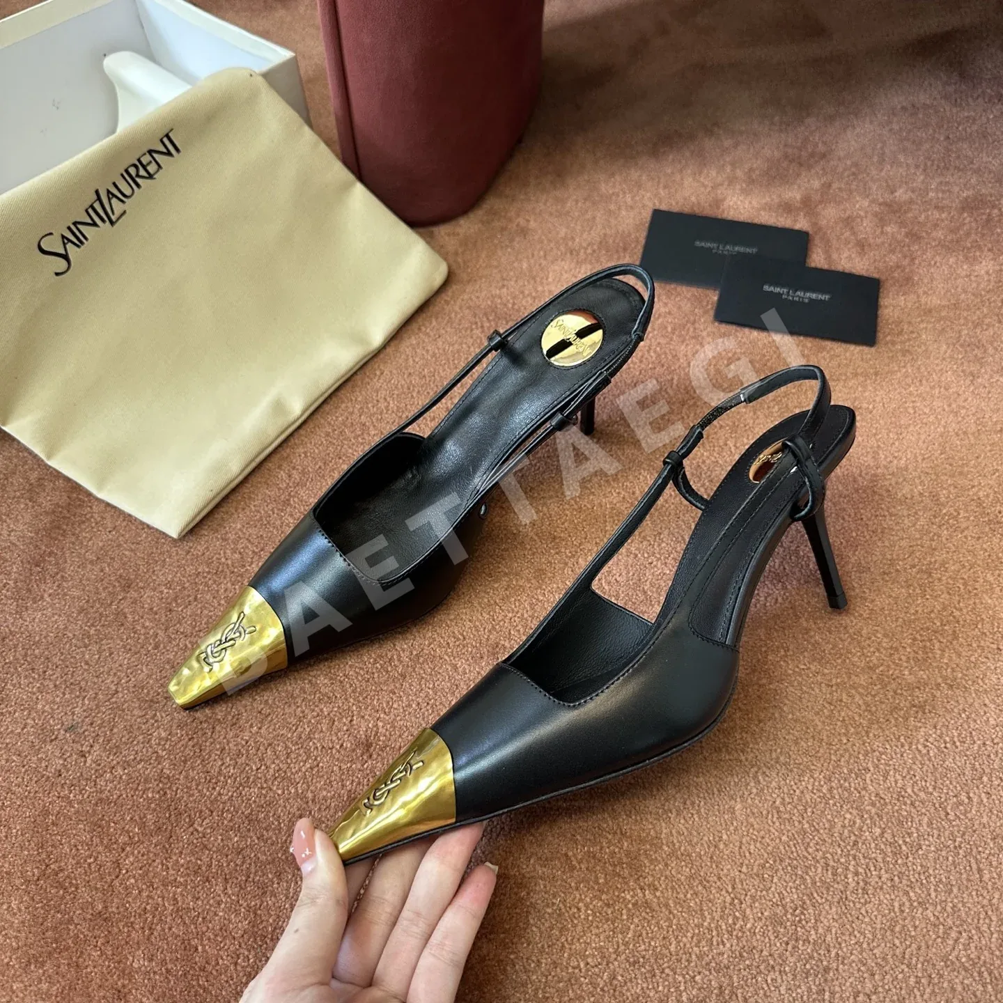생로랑 YSL 골드 토 캡 슬링백 펌프스 하이힐 블랙 상세 이미지 7
