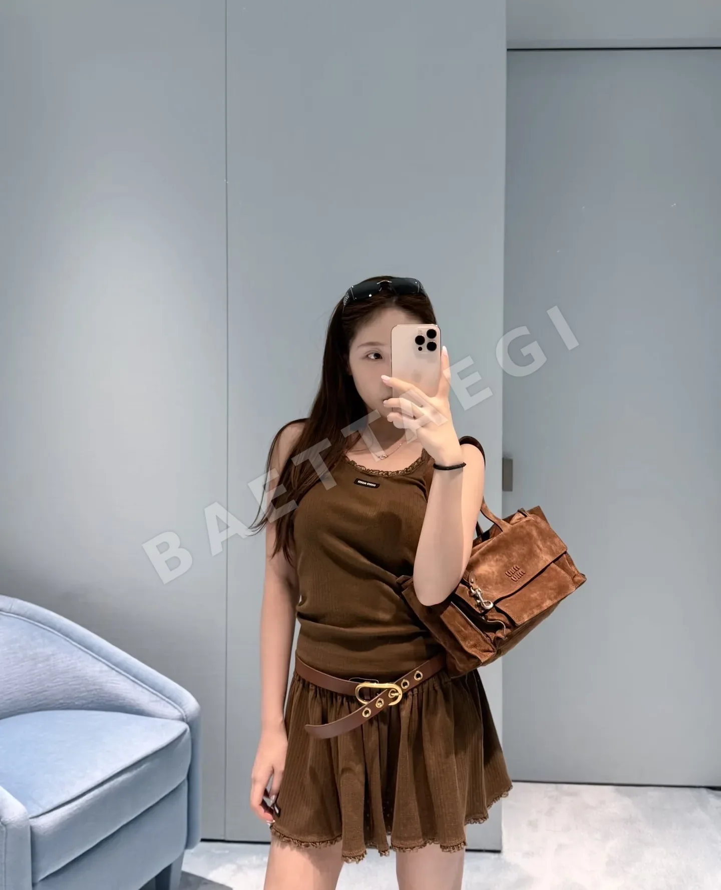 미우미우 캐러멜 브라운 리브 반팔 니트 베스트 상세 이미지 7