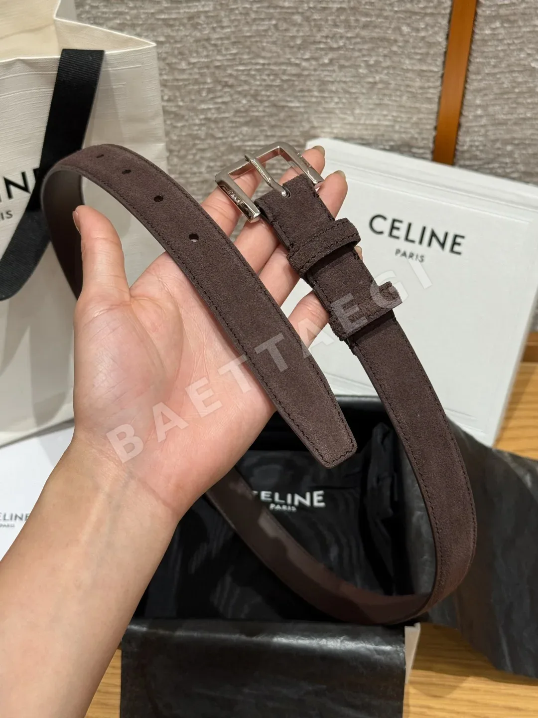 셀린느 스웨이드 소가죽 메탈 핀 버클 벨트 상세 이미지 5
