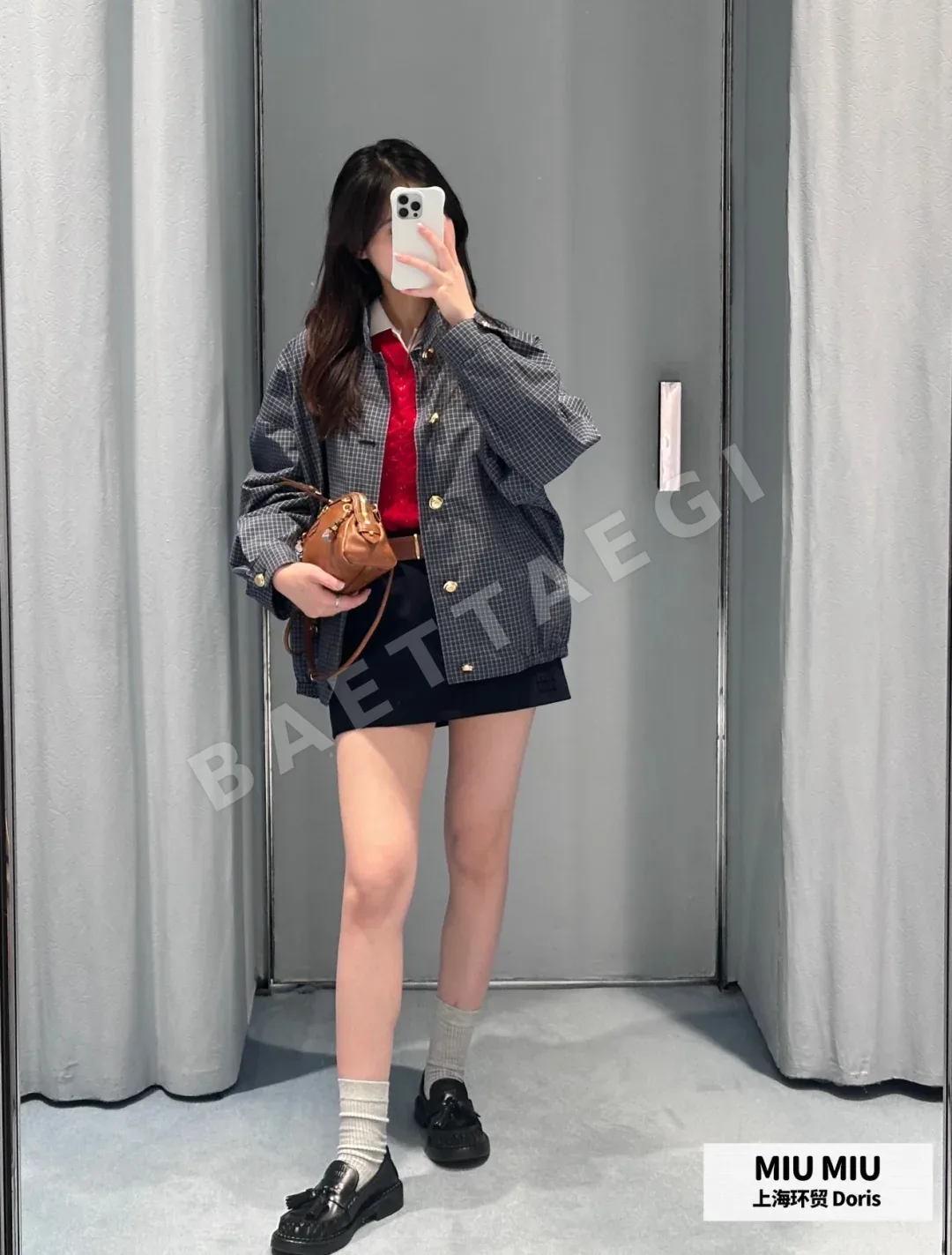 미우미우 업리케 자수 체크 금장 버튼 자켓 상세 이미지 4