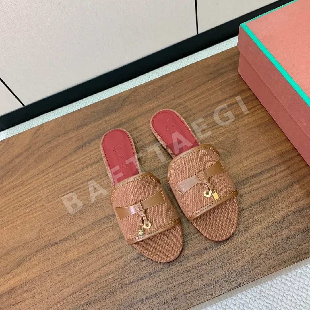 로로피아나 컬러 블록 린넨 가죽 샌들 상세 이미지 3