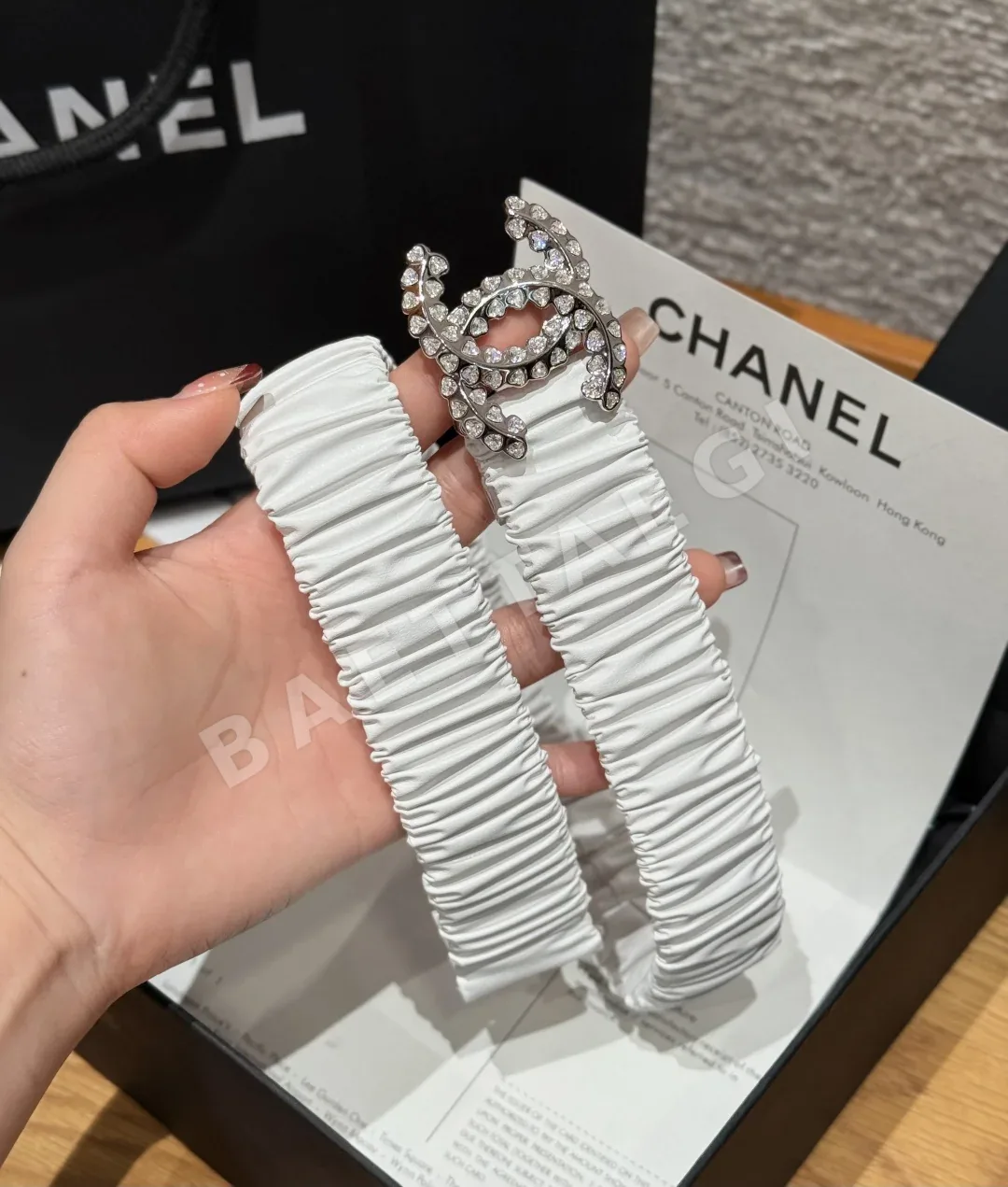 샤넬 더블 C 금속 크리스탈 장식 고무 벨트 상세 이미지 5