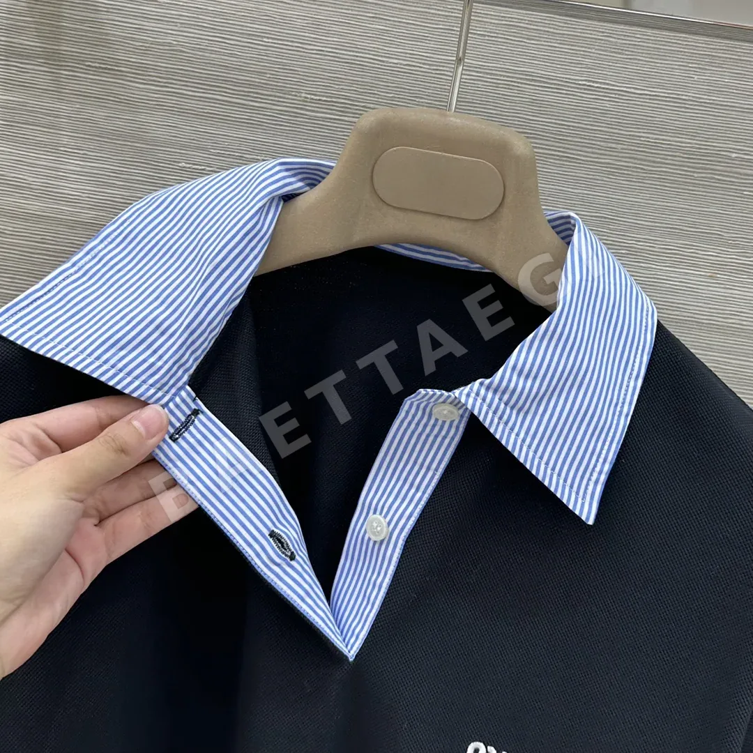 미우미우 스트라이프 카라 자수 반팔 티셔츠 상세 이미지 5