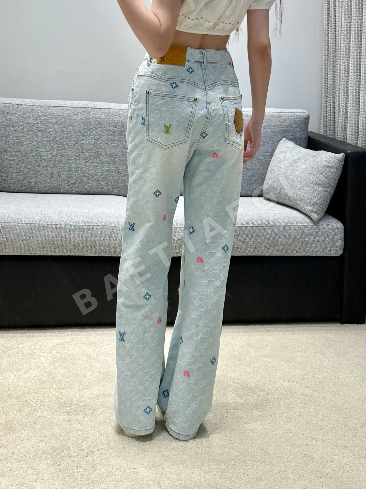 루이비통 라이트 블루 자카드 하이웨스트 플레어 여성 바지 상세 이미지 3