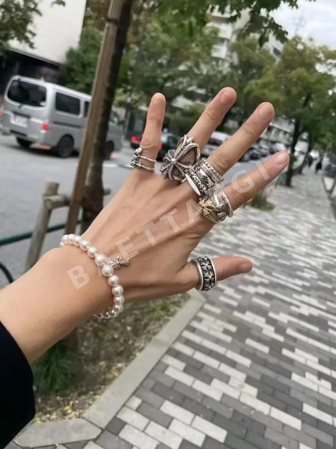 크롬하츠 18K 화이트 골드 진주 팔찌 162979