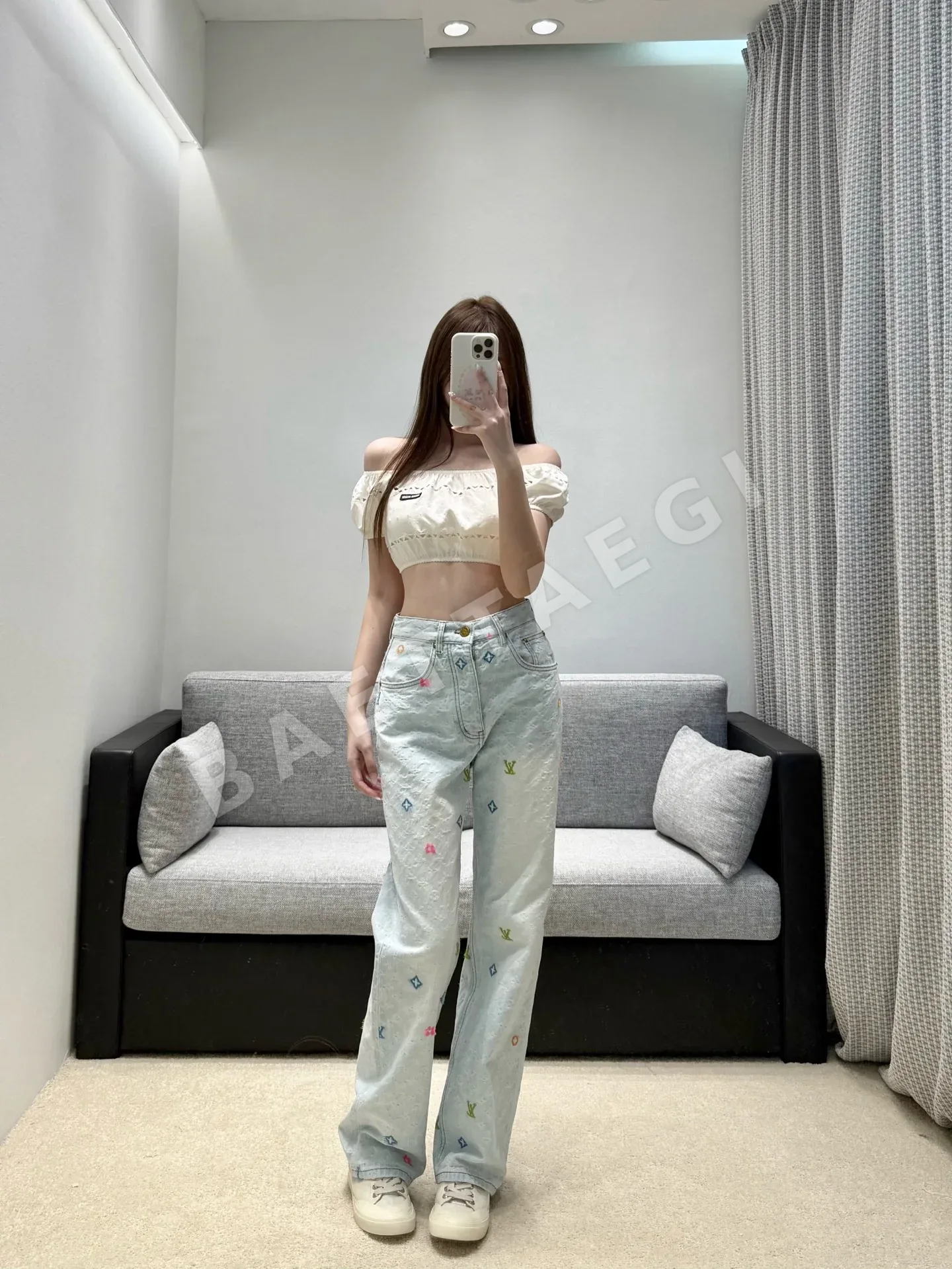루이비통 라이트 블루 자카드 하이웨스트 플레어 여성 바지 상세 이미지 2