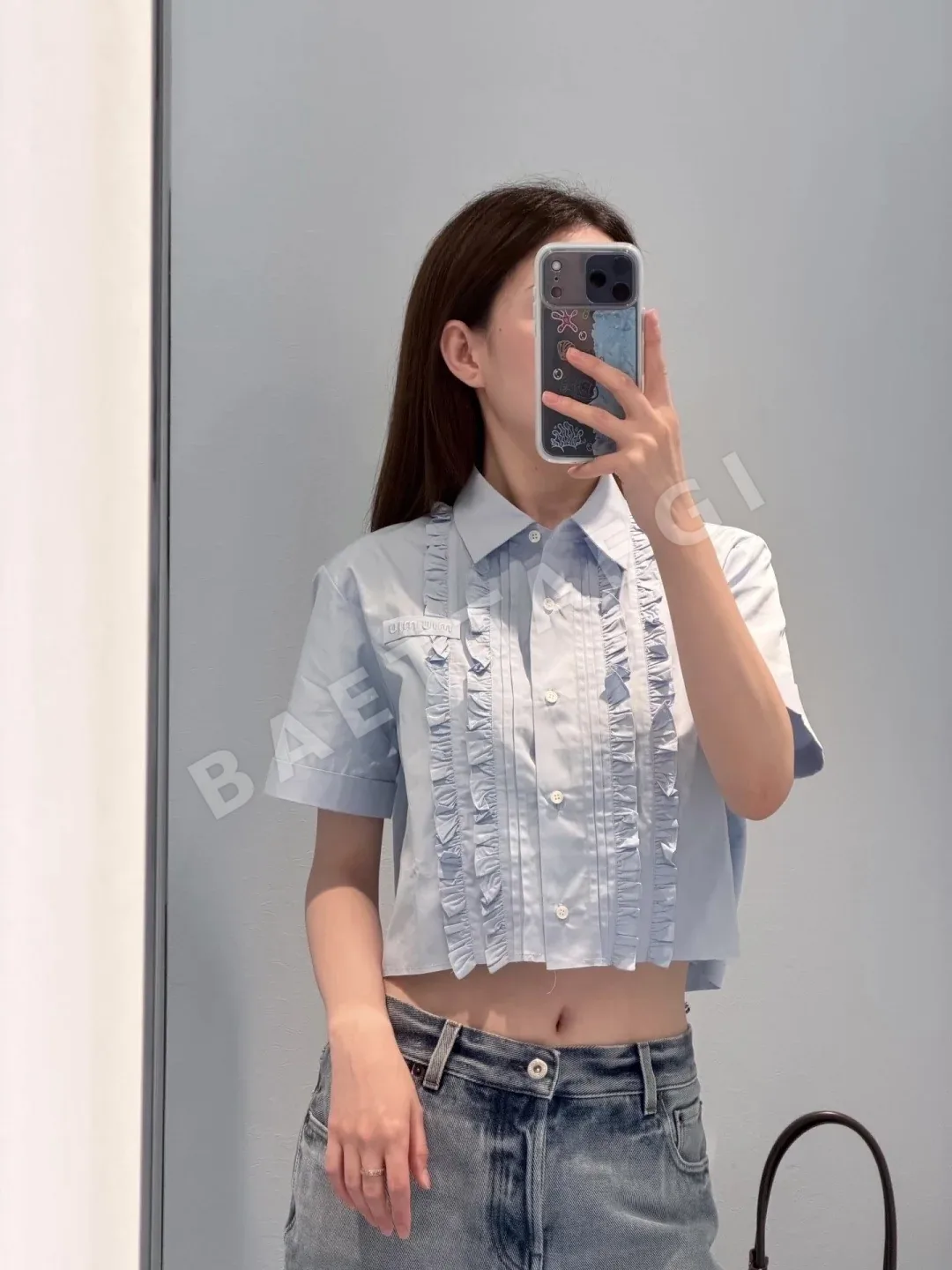미우미우 블루 프릴 스퀘어넥 반팔 셔츠 상세 이미지 7