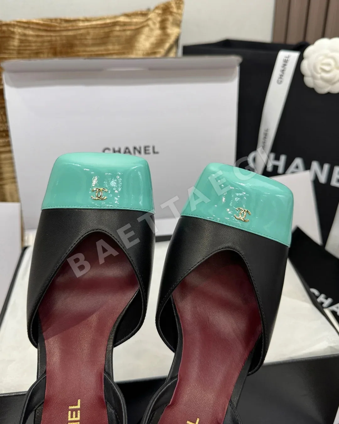 샤넬 스퀘어 토 컬러 블록 청키 힐 샌들 상세 이미지 7