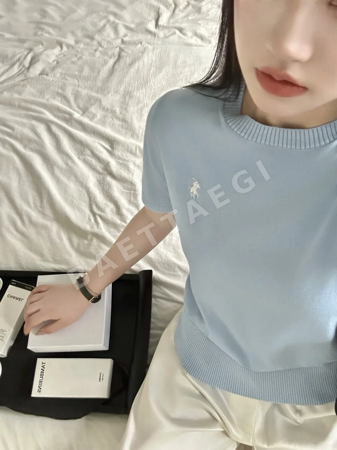 폴로 여성 포니 자수 코튼 반팔 니트 탑 상세 이미지 3