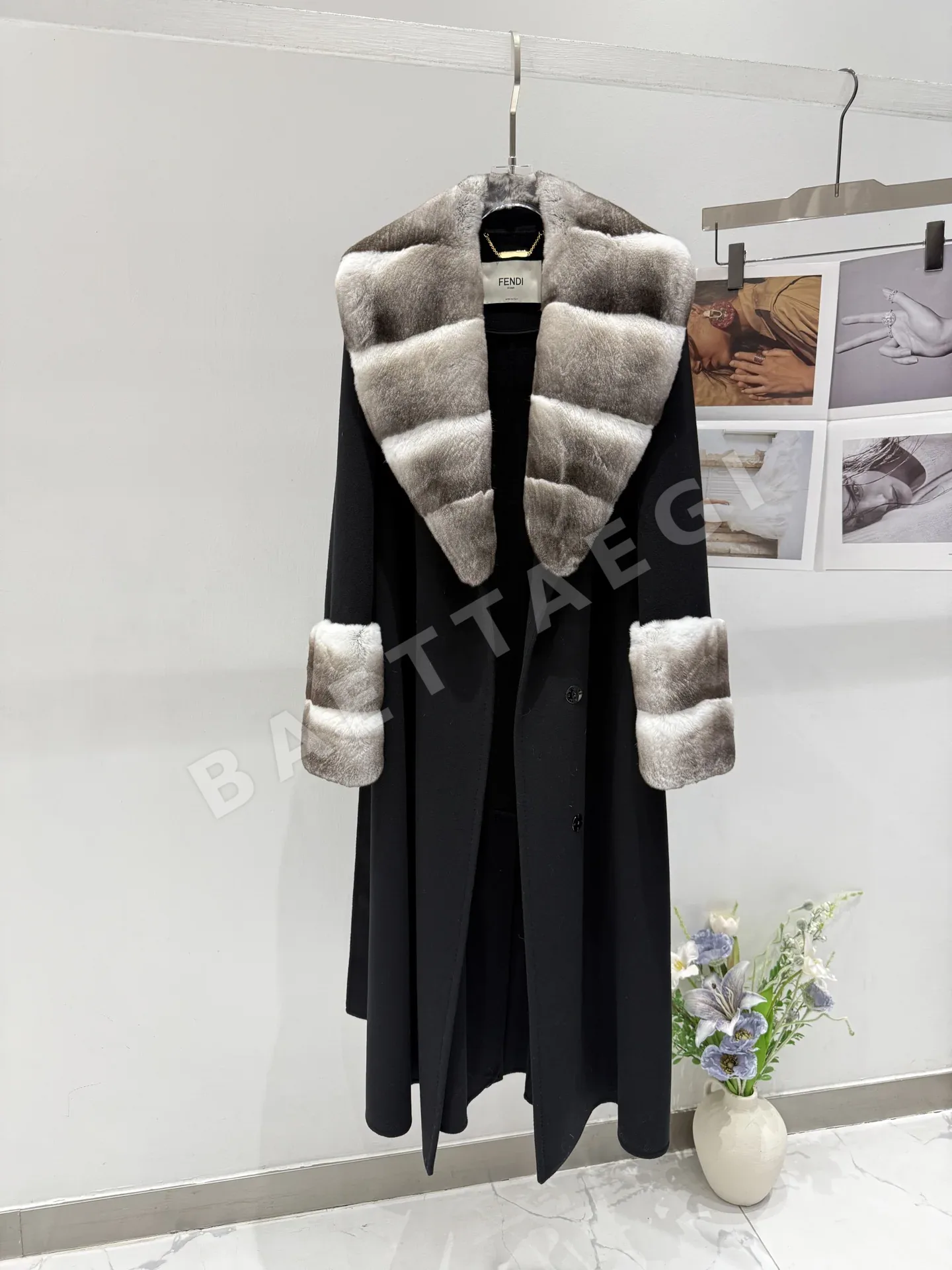 펜디 벨티드 카시미야 울 렉스래빗 롱 자켓 상세 이미지 7