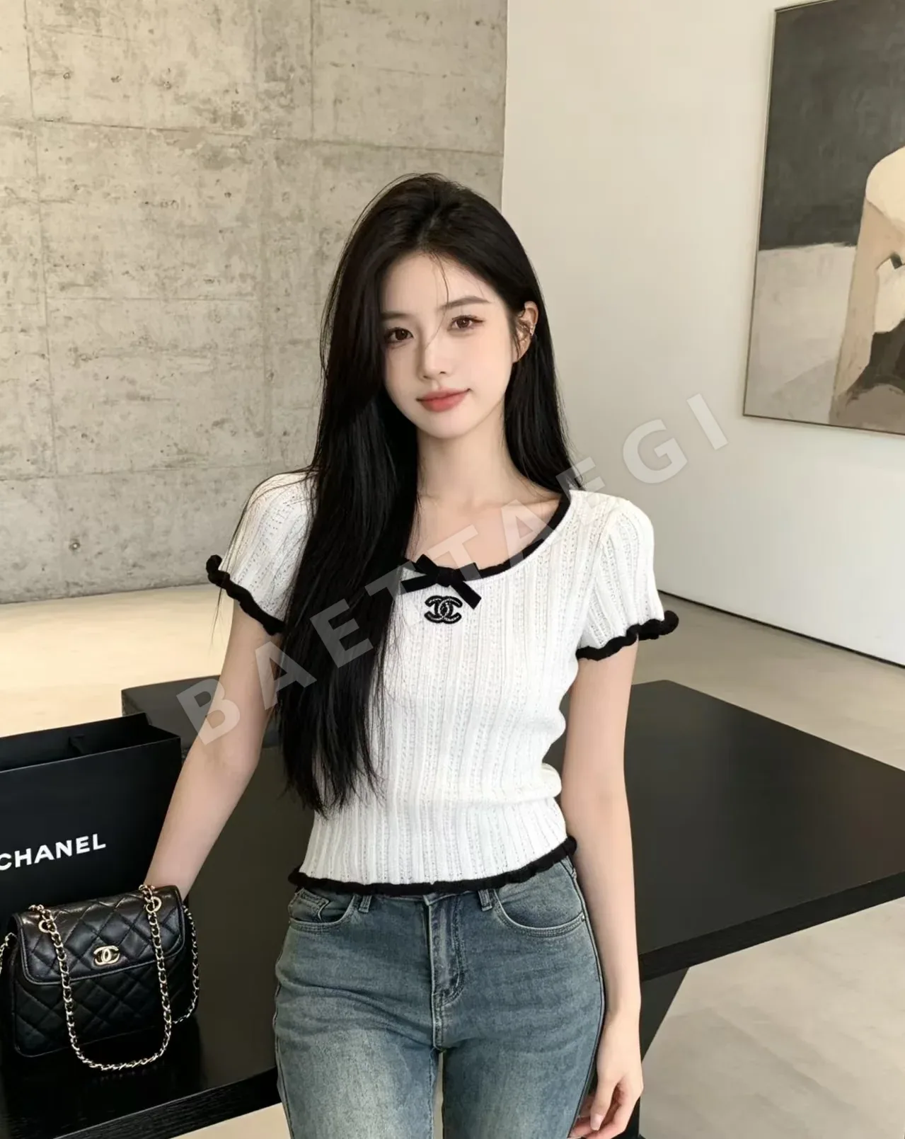 샤넬 보우타이 니트 반팔 티셔츠 103660