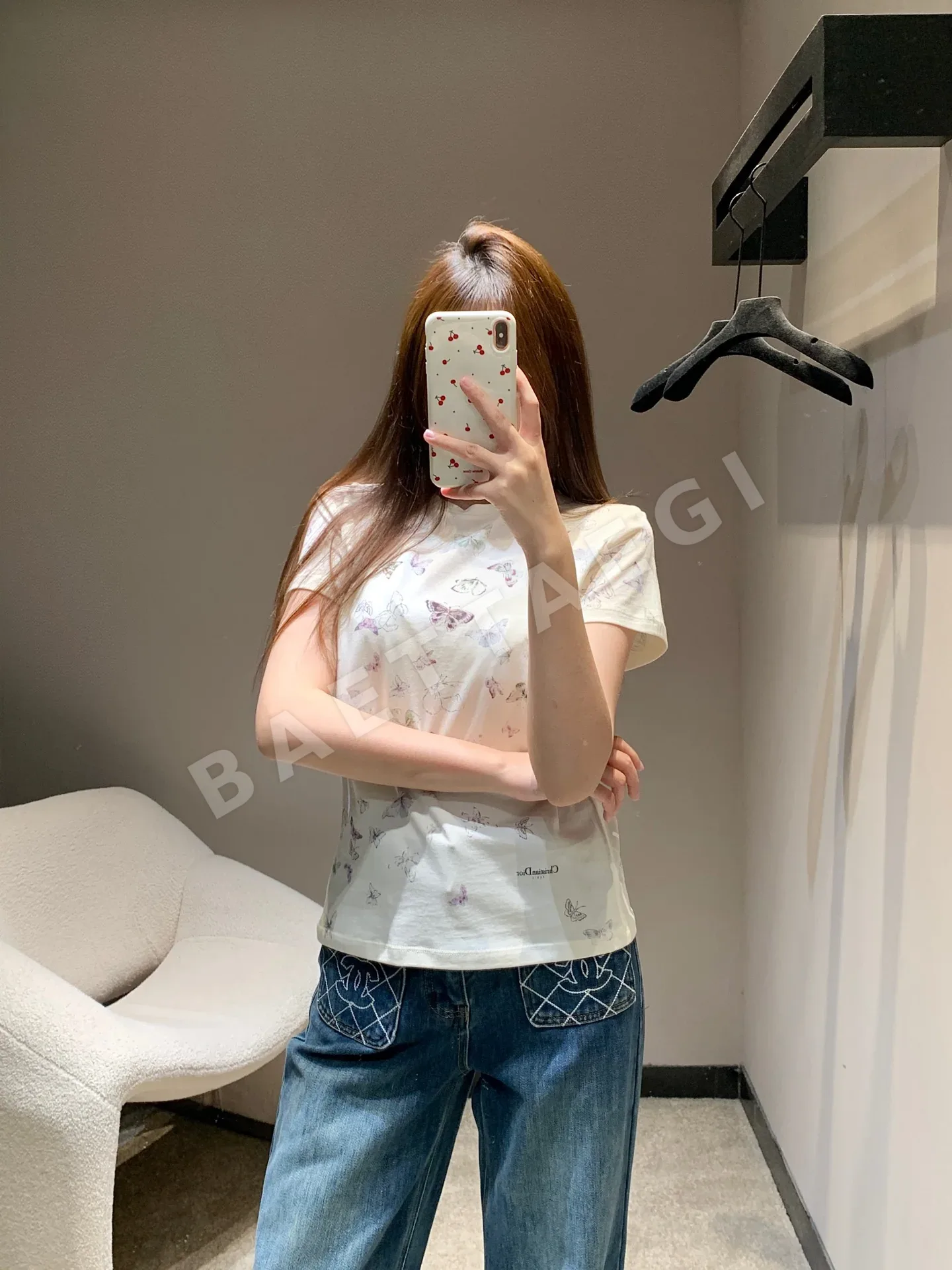 디올 나비 프린트 크롭 코튼 반팔 티셔츠 상세 이미지 7