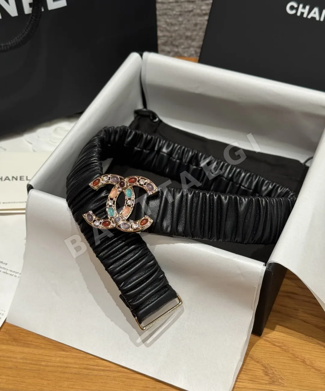 샤넬 블랙 램스킨 더블 C 라인석 벨트 174085