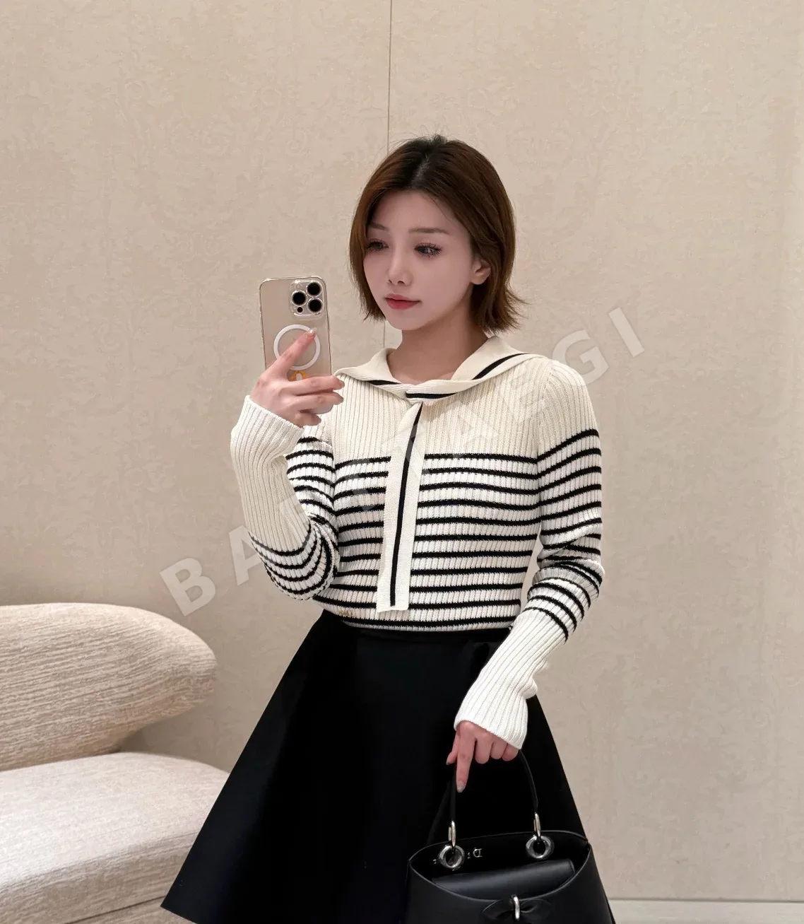 디올 세일러 카라 스트라이프 여성 가디건 상세 이미지 2