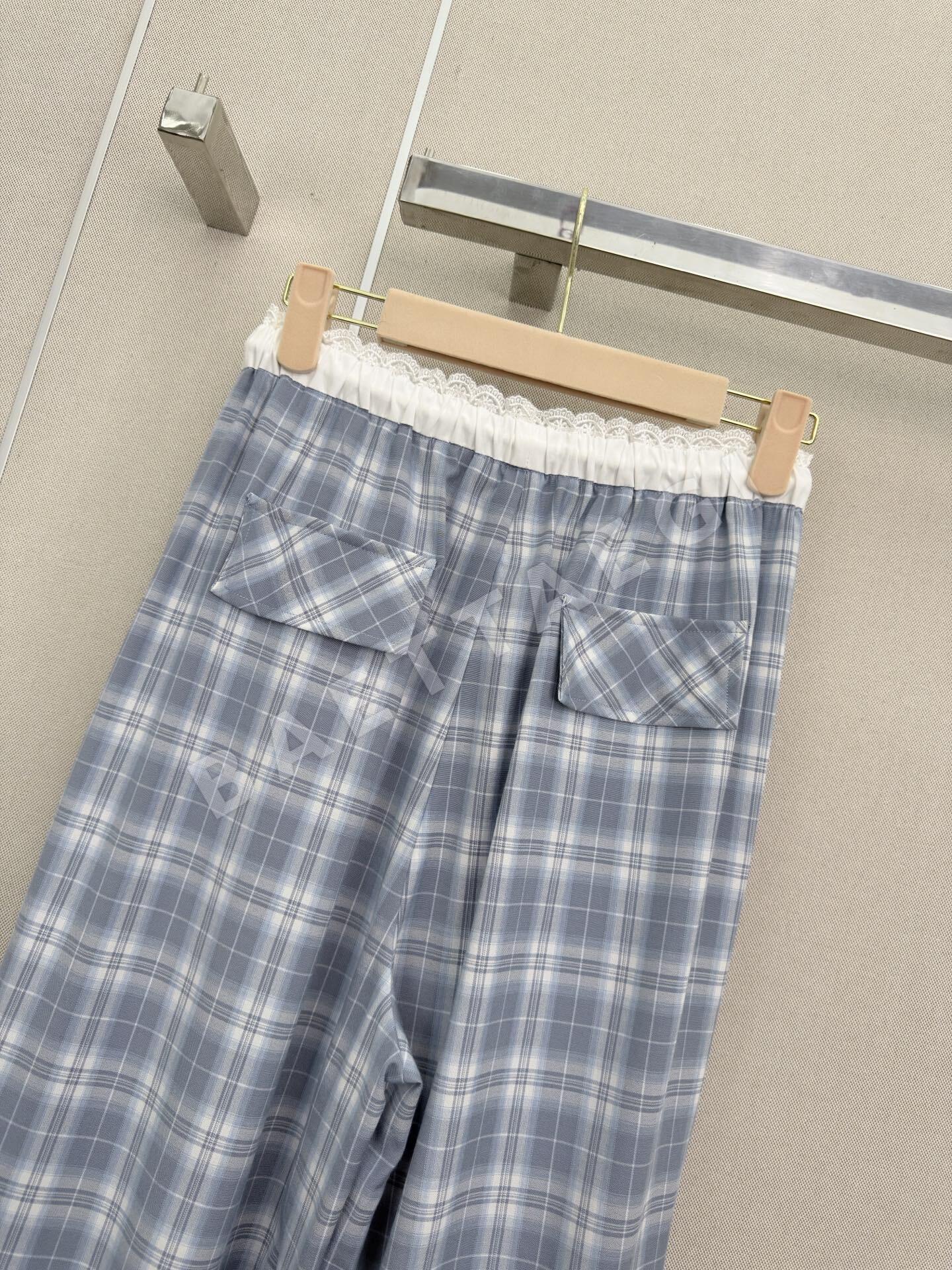 미우미우 컬러 블록 고무 허리 체크 플리츠 바지 상세 이미지 7