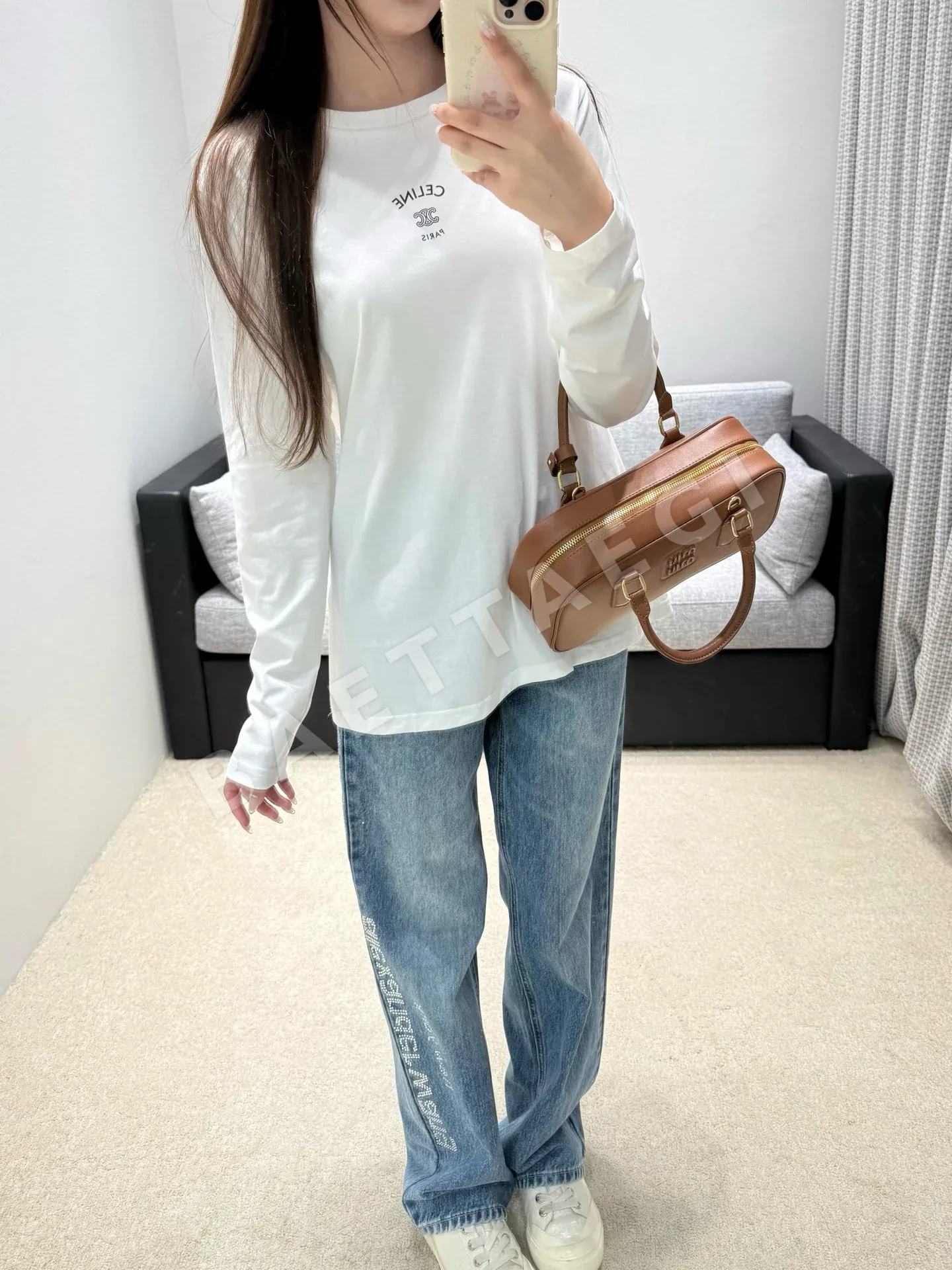 셀린느 블랙 화이트 크루넥 긴팔 티셔츠 상세 이미지 8
