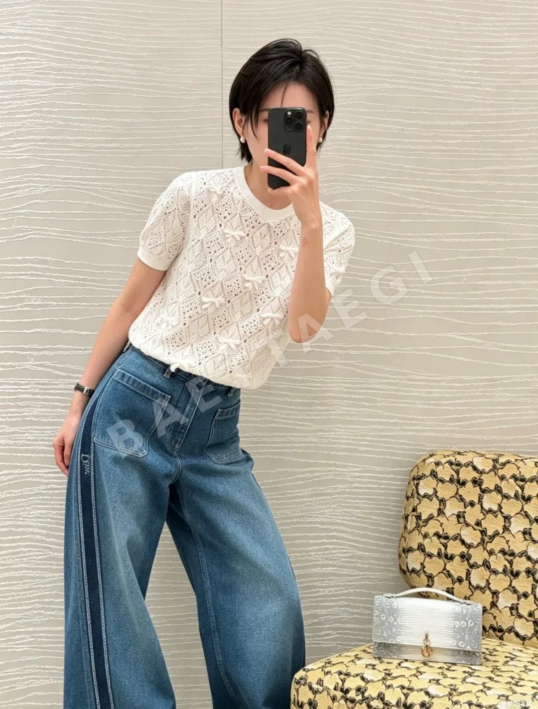 디올 리본 포인트 시스루 반팔 니트탑 상세 이미지 5