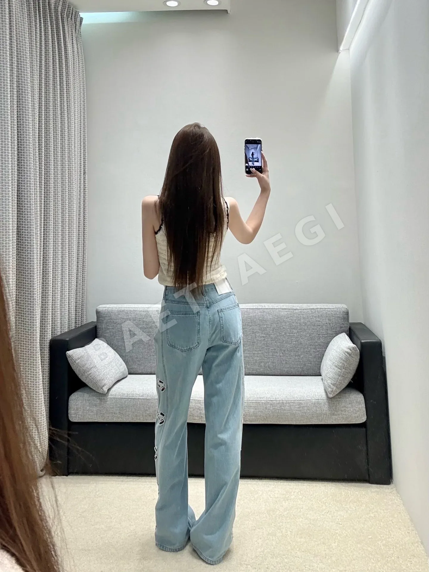 샤넬 장미 장식 와이드 데님 여성 바지 상세 이미지 7